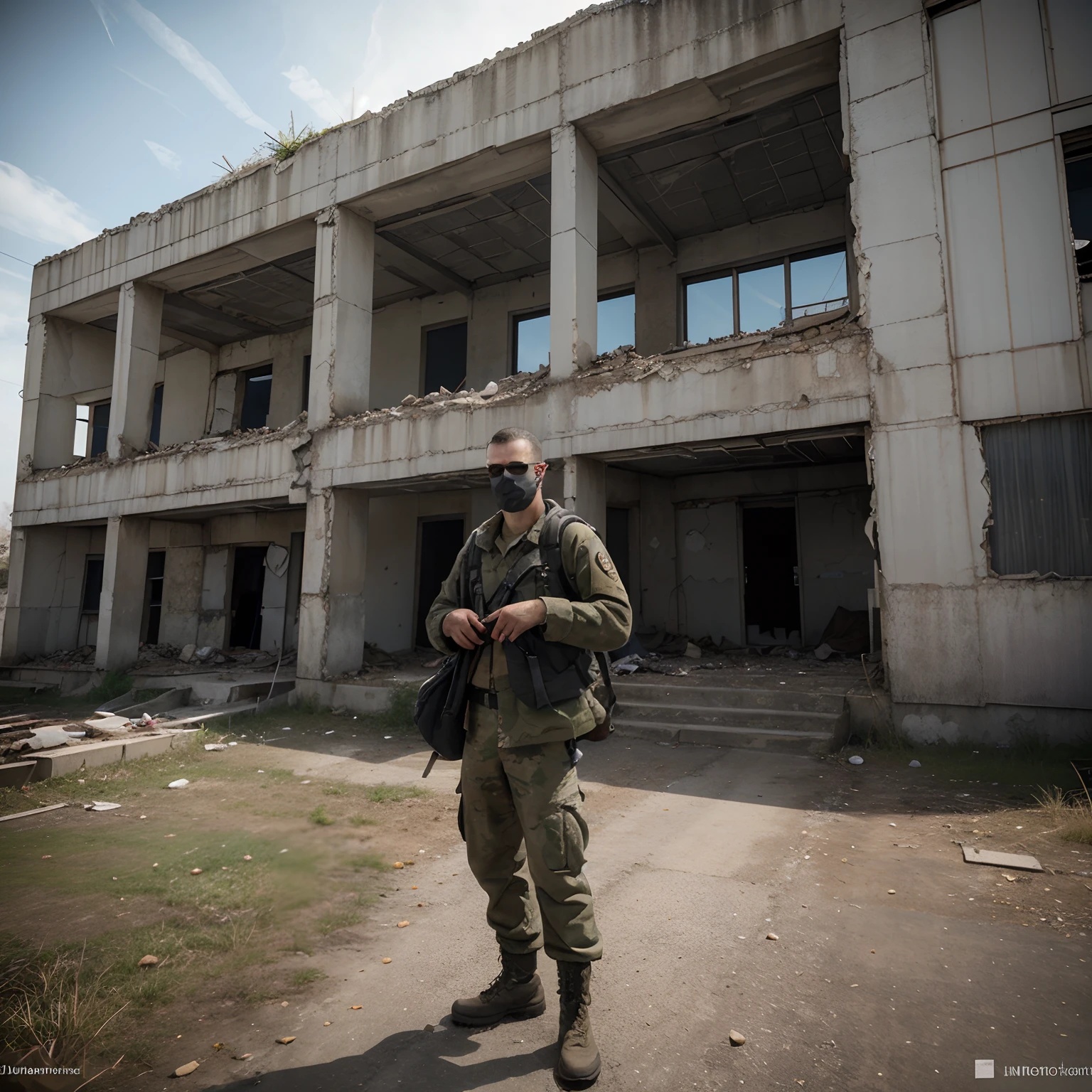 (Dayz (en anglais seulement)), (Homme blanc),( Dreadlocks and hair shaved on the sides), (dans un paysage apocalyptique), (des zombies), (photoreallistic), (tchernobyl ),( centre ville), (Dilapidated buildings), (URSS ),(ak-47 avec silencieux et lunettes x4), (une hache de pompier dans le dos) , (un sac a dos militaire)