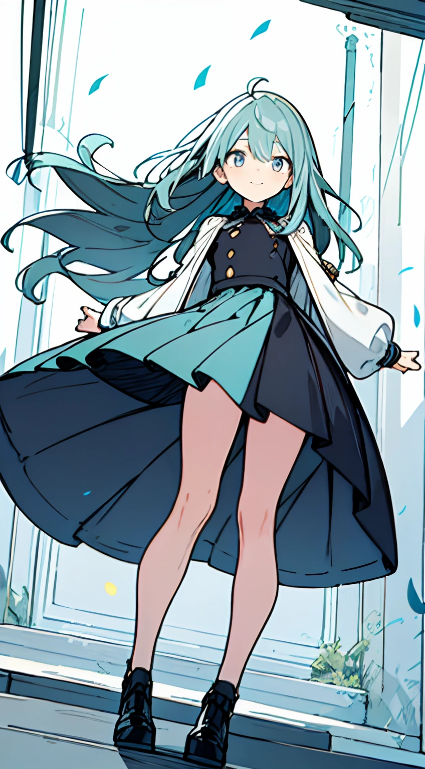 masuter piece, Best Quality,32K、Wallpaper, ultra -detail, Absurd beauty, 1beautiful girl、Big crisp eyes、Hair fluttering in the wind、Slender legs、Smaller head、miscievous smile、Angle looking up from below:1.3、♡♡♡