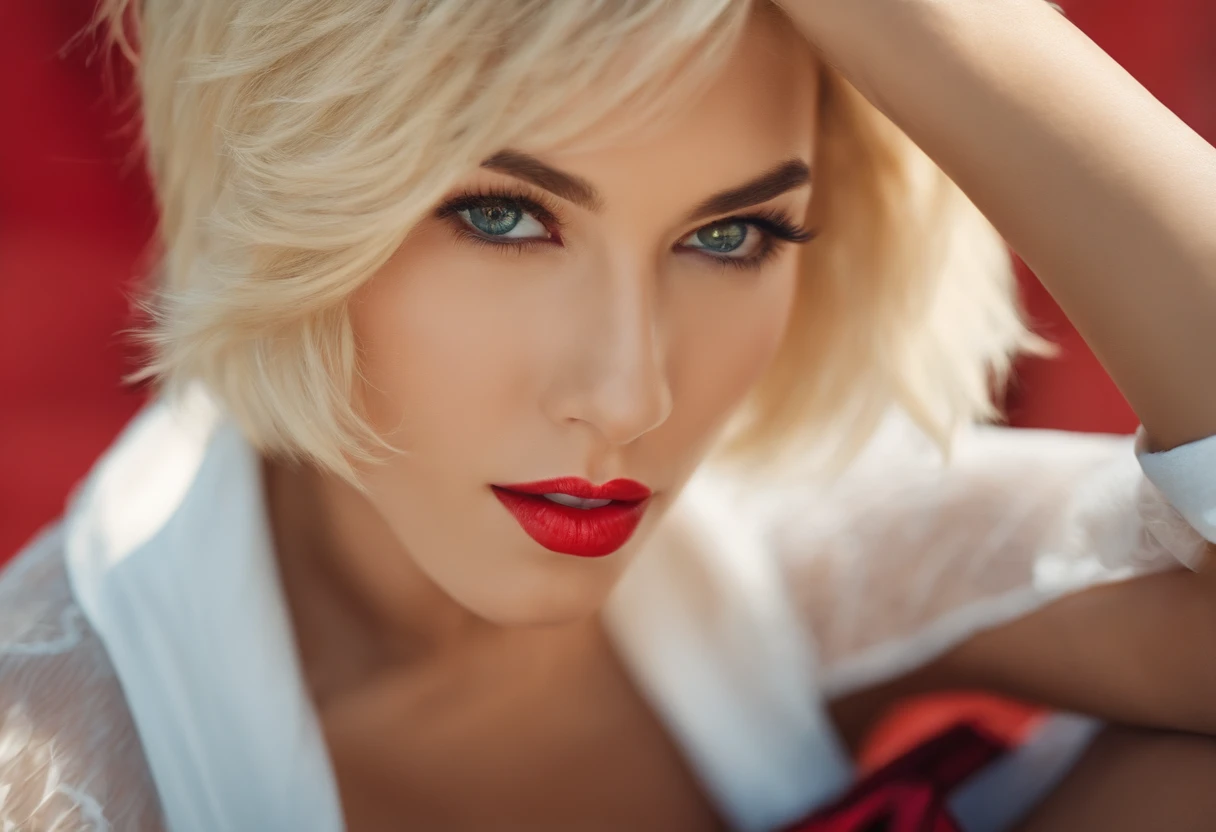 a blond,short cut hair,Red Eyes,The bikini,femele,a small face,Japan