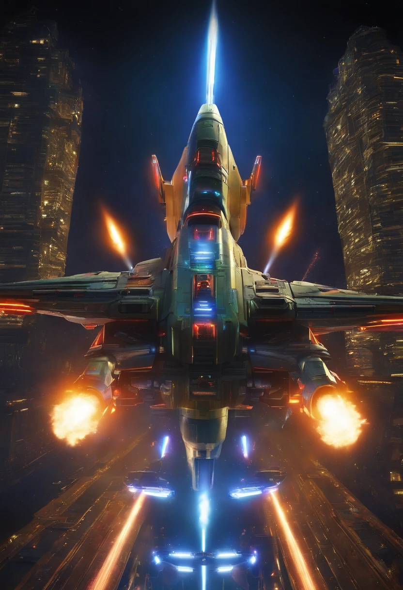 Robotech mothership firing its cannons with neon flashes