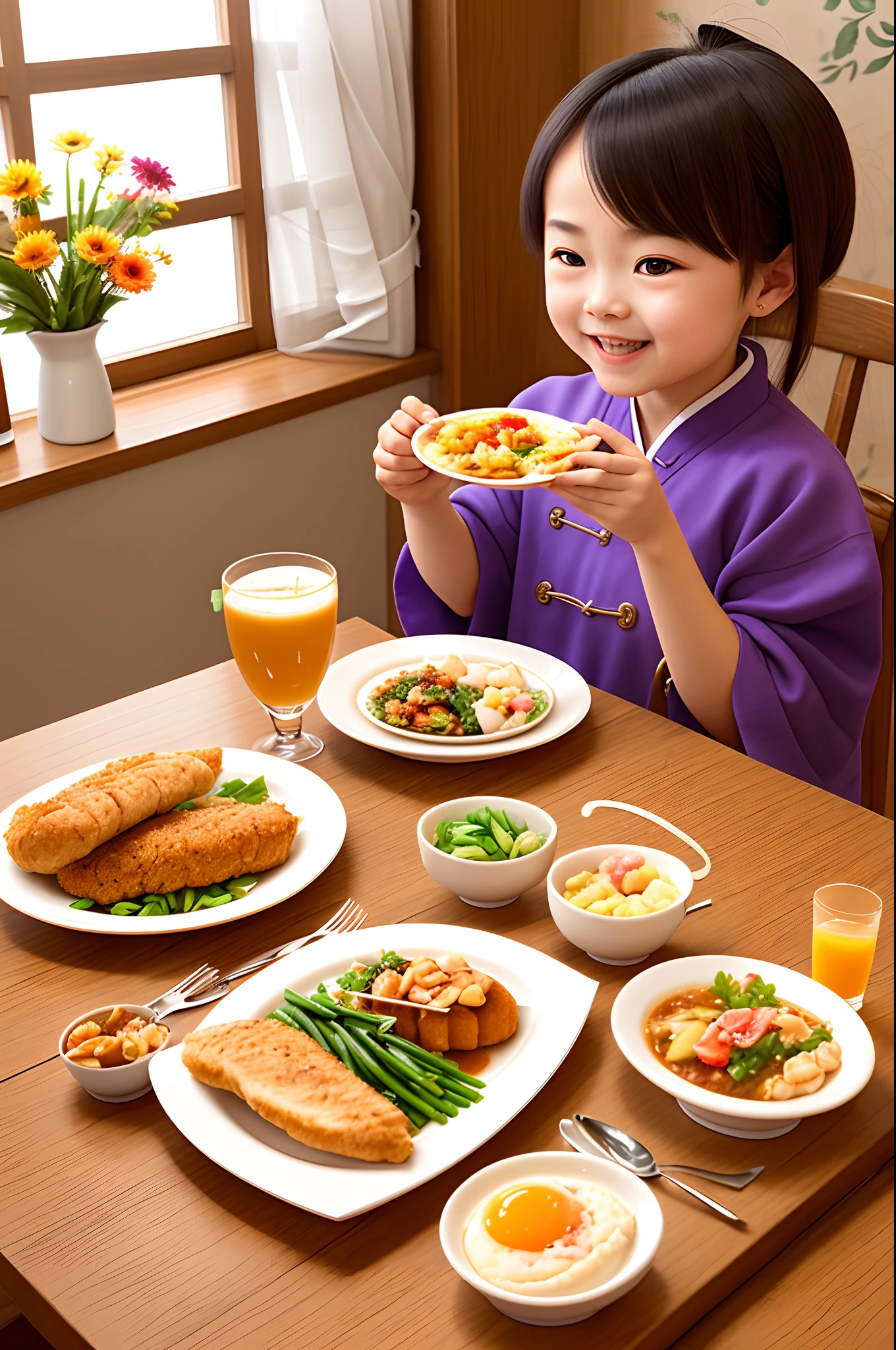 A cute super happy 3  girl eating her traditional Chinese breakfast with Chinese background 3d