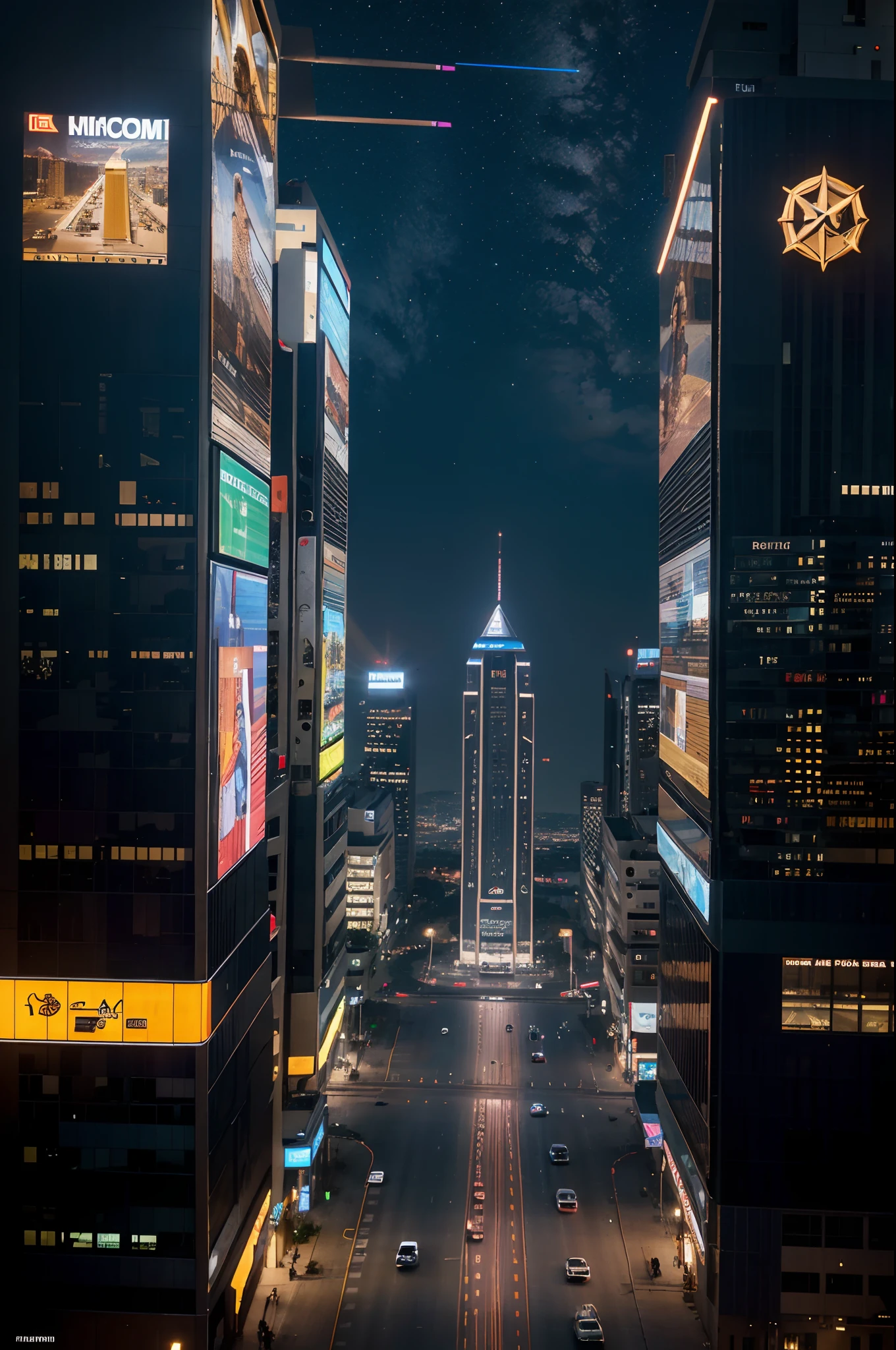Wide angle shot of an African empire with African designed buildings, fly over glass tunnels in the sky, metallic and chrome flying cars in the sky,  futuristic drones flying in the sky, hologram neon billboards on tall african designed sci-fi buildings, night time neon lit buildings shining, with iridescent light, scifi art, cinematic lighting, artgerm style, 32k, ultra HD, unreal engine rendered, hyper-realistic image,