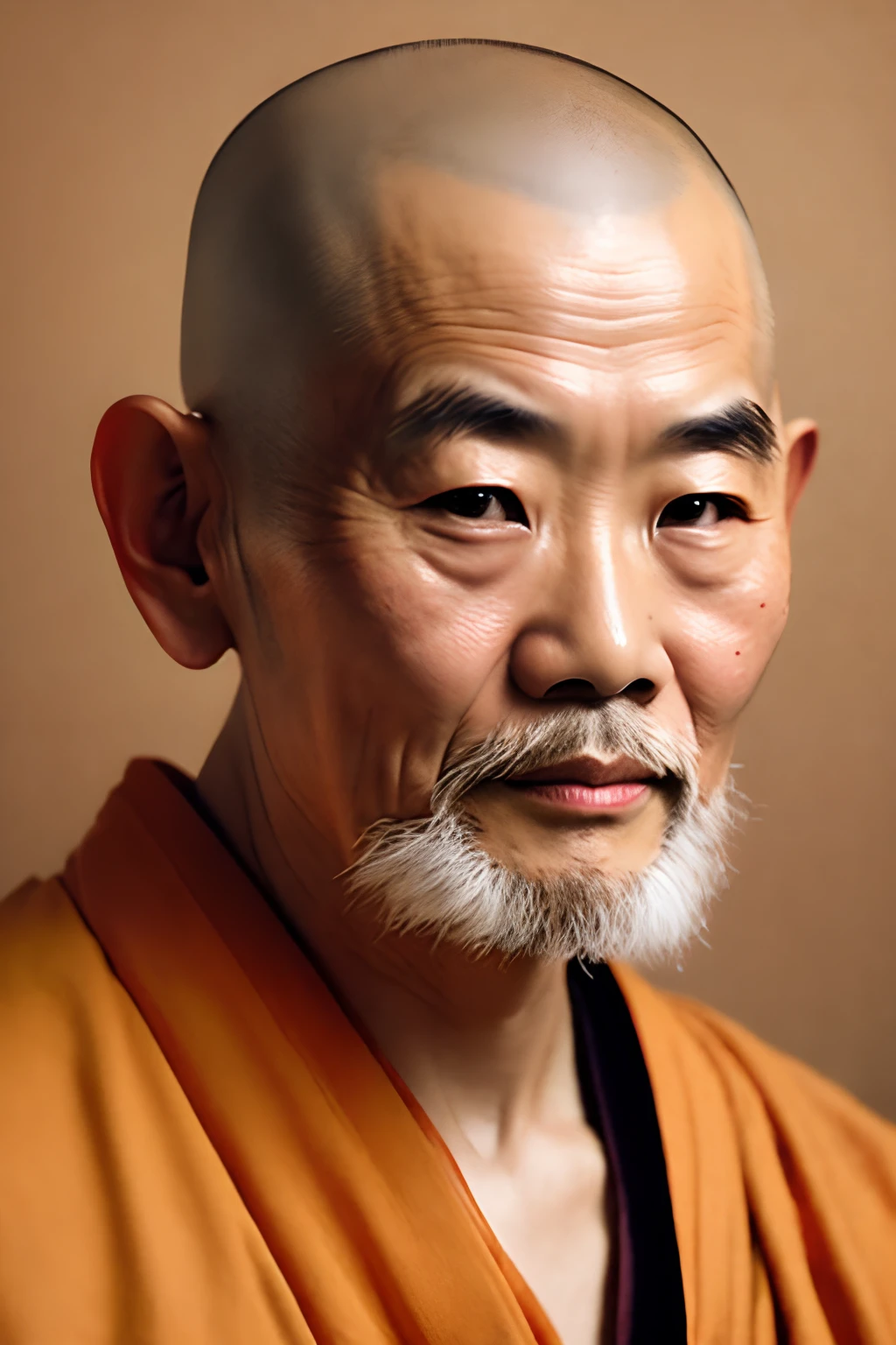 A realistic portrait of a Japanese Buddhist monk in his 60s with a shaved head and a dignified face with a white beard and facing the front.