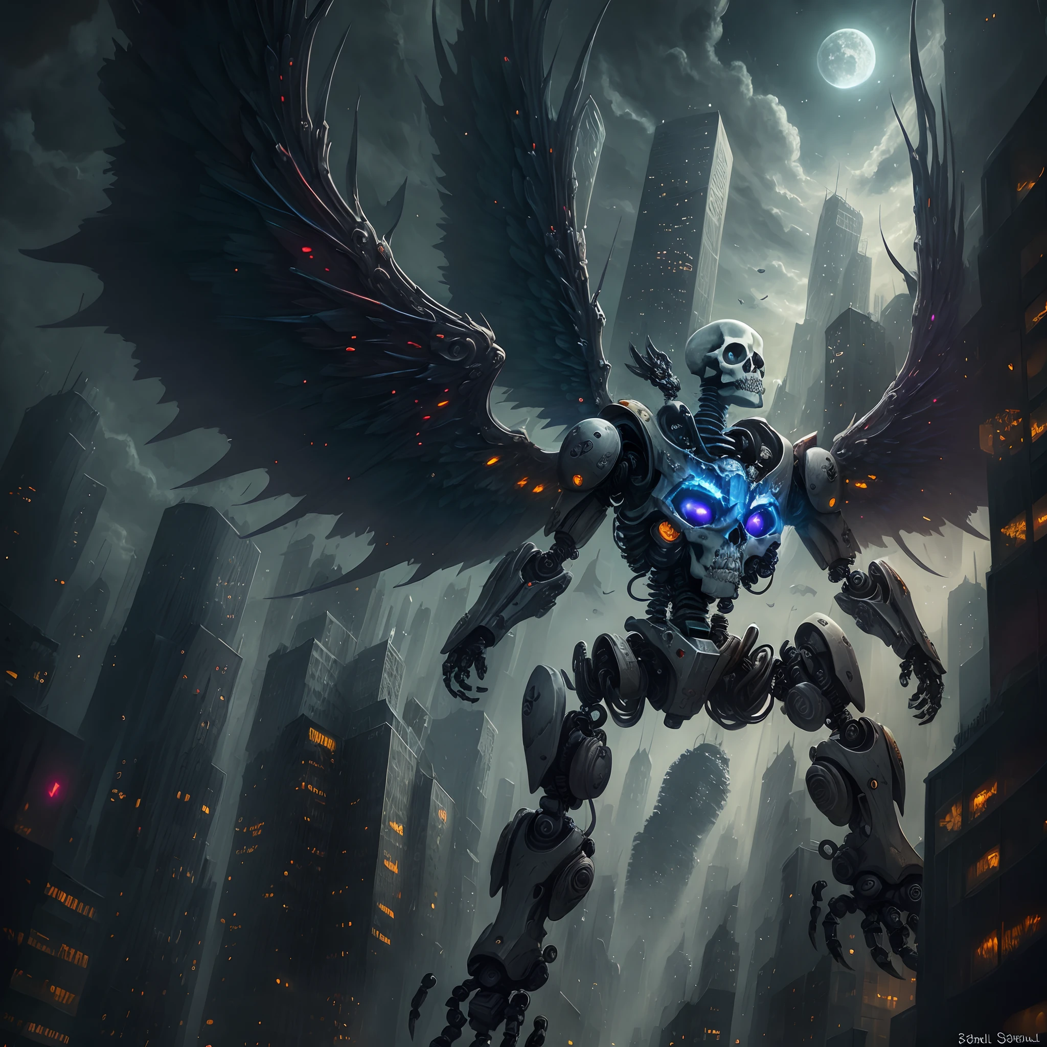 Skull robot with wings and city scape epic character