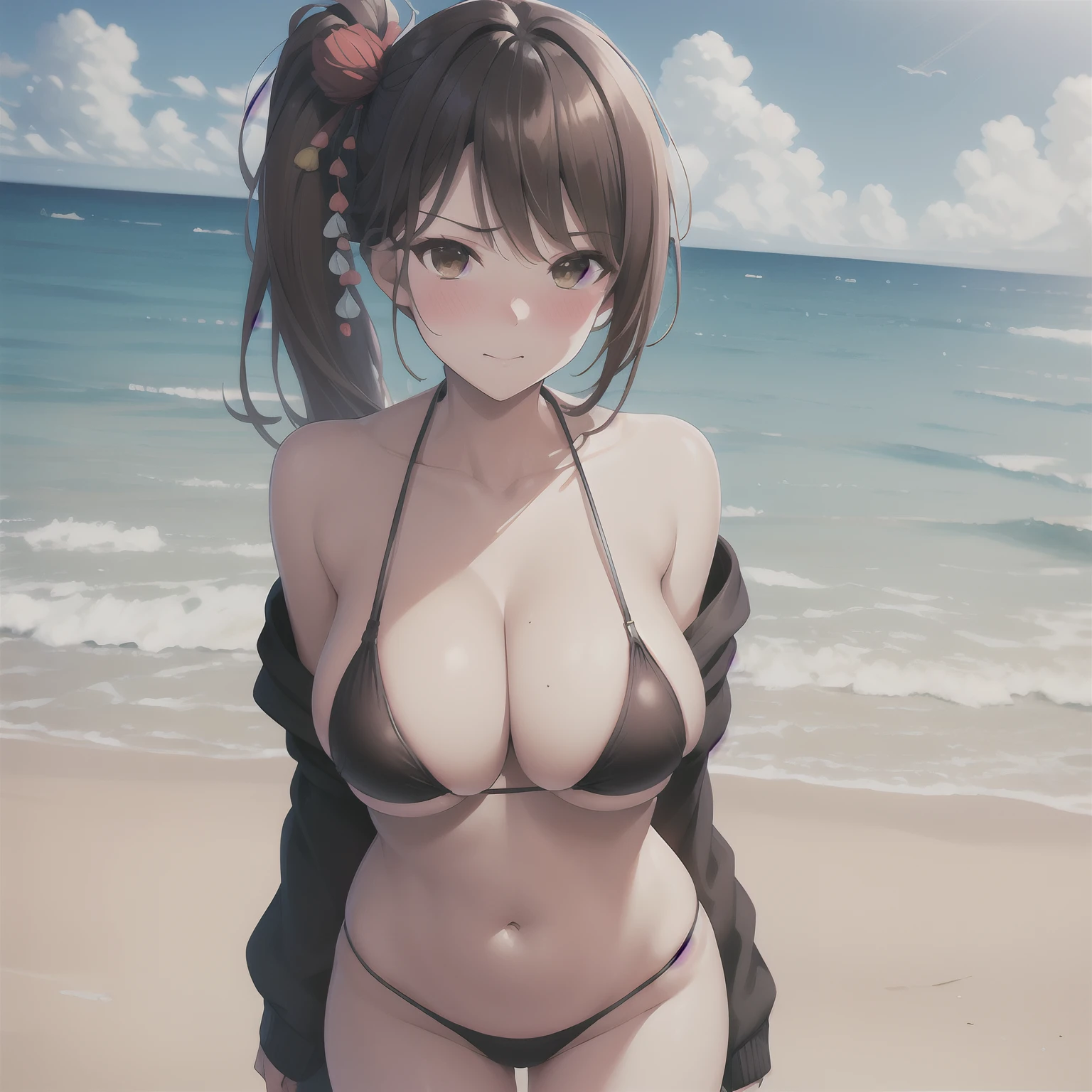 masterpiece, best quality, highres, brown hair, brown eyes, side ponytail, cowboy shot, standing, beach, micro bikini, embarrassed, blush, sexy pose, big breasts, hair ornament, long hair,