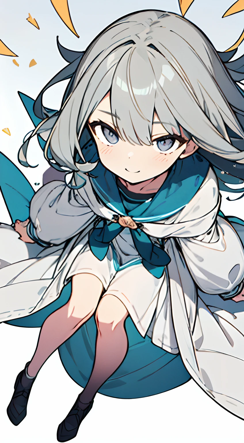 masuter piece, Best Quality,32K、Wallpaper, ultra -detail, Absurd beauty, 1beautiful girl、Big crisp eyes、Hair fluttering in the wind、Slender legs、Smaller head、miscievous smile、Angle looking down from above:1.2、♡♡♡