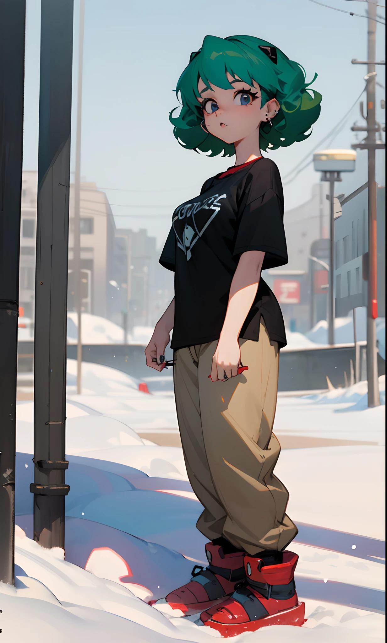 Generate a Pixar-style 3d movie, latina chubby girl, , short size curly mid blue green hair, long nails, nose piercings, anime evangelion tshirt, all black clothes, big dark eyes, mouth is red with one piercing, a snow shoes beige cat by her side, 3d lettering La Hisla Bonita, background is Brasília city
