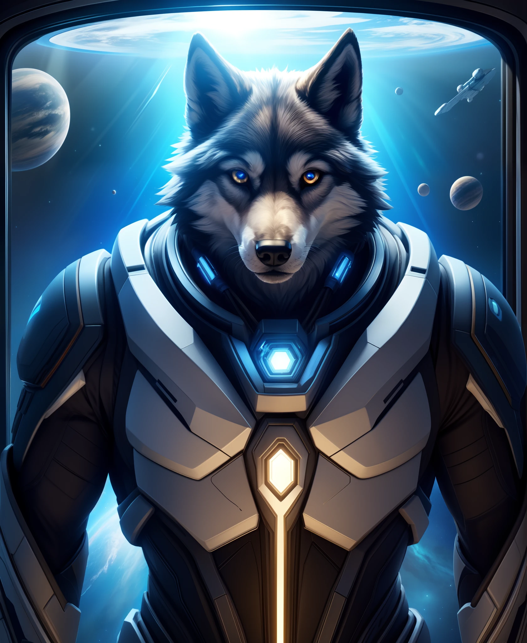 masterpiece, best quality, perfect anatomy, (detailed eyes:1.2), furry, wolf, (domestic dog:0.8), male, solo, warframe, (cables:1.1), serious face, bright eyes, floating, spacecraft, glass container, liquid, detailed background, space, starlight