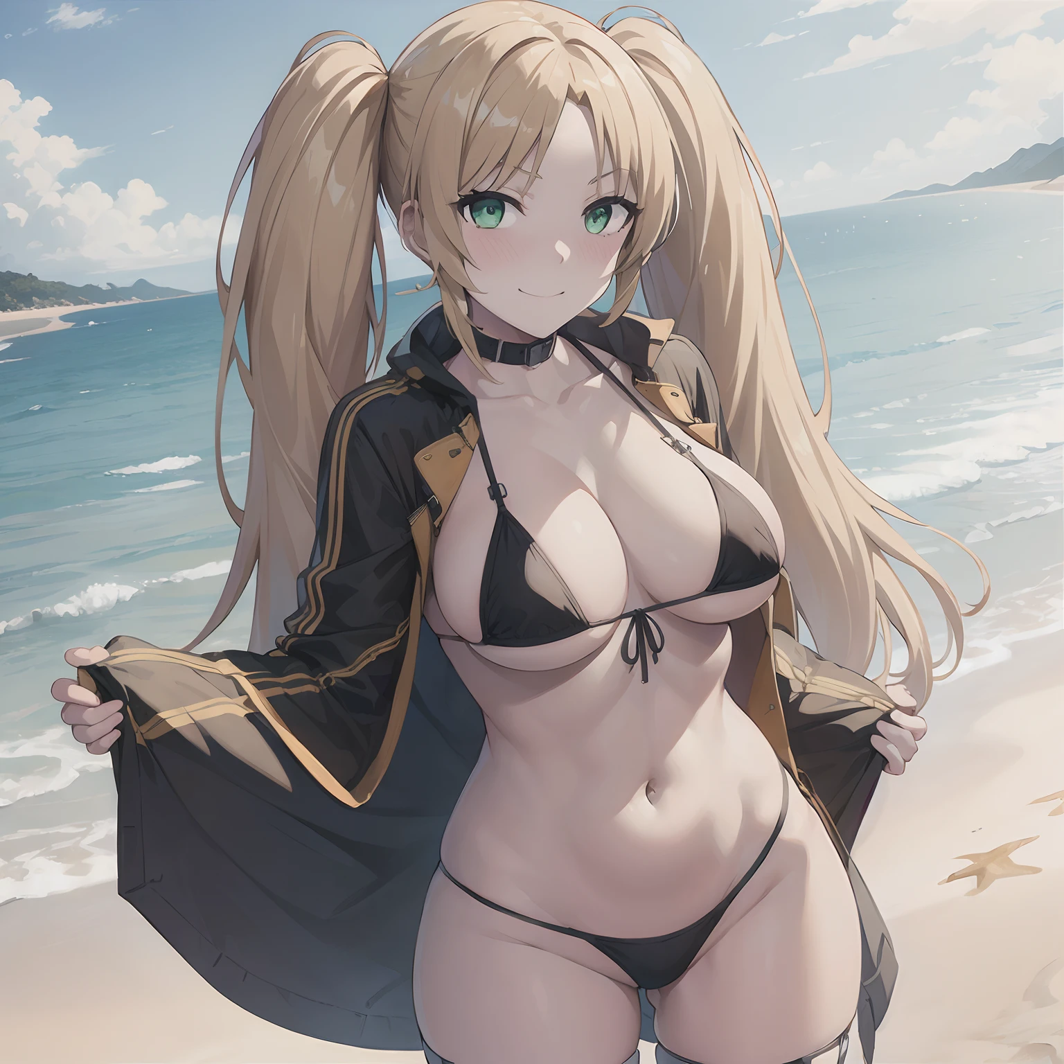 masterpiece, best quality, highres, blond hair, green eyes, twintails, cowboy shot, standing, beach, micro bikini, embarrassed, blush, sexy pose, medium breasts, long hair,