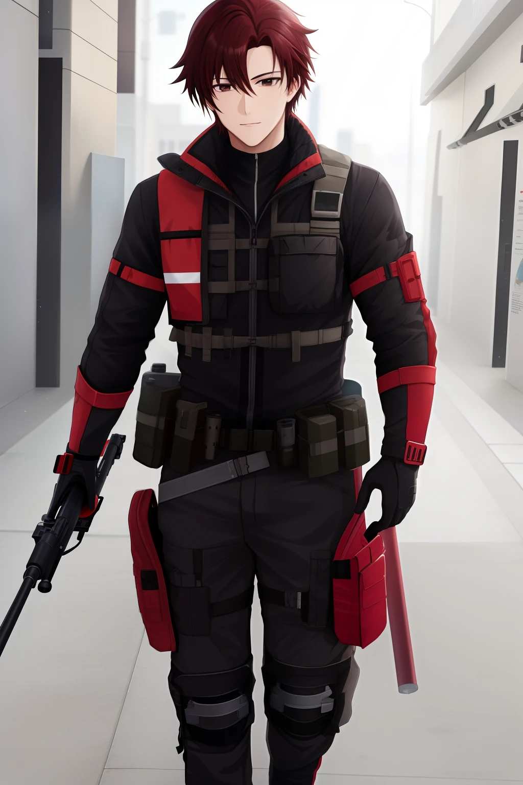 (best quality,highres),red-dark-haired anime men,black eyes,sniper,clothes