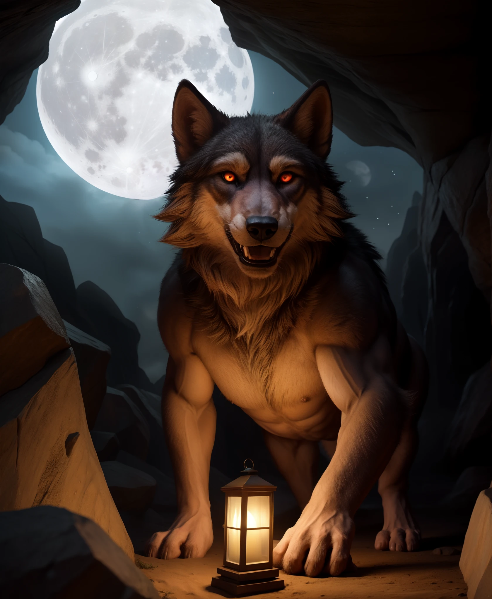 sfw, looking at viewer, licking lips, pouncing, ((werewolf)) solo male, tojo the thief,  kenket, chunie, darkgem, anthro, ((detailed face)), ((dark forest), full moon),  long snout, black fur, red eyes, menacing. (looking out from cave), detailed realistic painting, ((body hair)) BREAK (full moon) BREAK (glowing lanterns), night