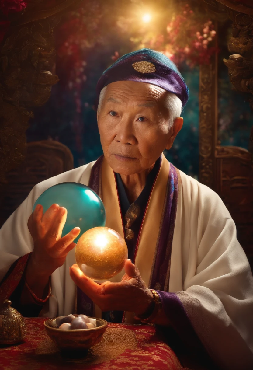 Elderly psychic with crystal ball and crystal ball,jpn,Asians
