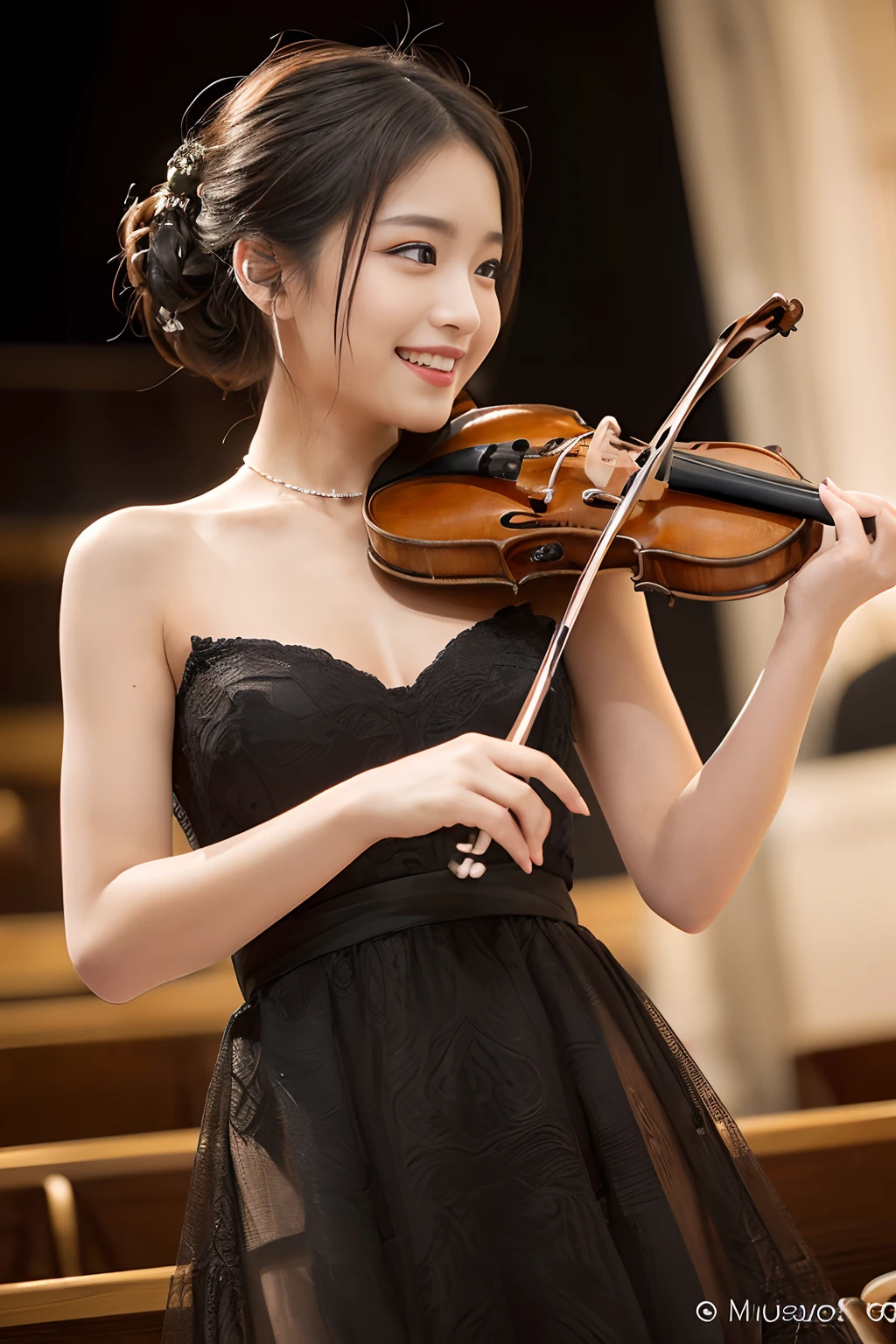 ((Half Japan and half Spanish, 20yr old,Perfect face,playing violin,Stand on stage in the concert hall,Perfect violin,Big Violin,Holding the violin and playing it,How to play the violin correctly,Play gracefully,On the stage of the concert hall,Elegant and beautiful dresses,Perfect fingers,perfect arms,A big smile is staring at me...,Biggest smile,Graceful and beautiful)),((Extravagant concert hall,细致背景,The face of the golden ratio,The body of the golden ratio,top-quality,The ultra -The high-definition,Perfect Anatomy,high-definition RAW color photography,professional photograpy, extremely delicate and beautiful, Extremely detailed,finely detail, Huge file size,Top image quality,8K,Photos taken with a single-lens reflex camera,Award-Winning Works,masutepiece))