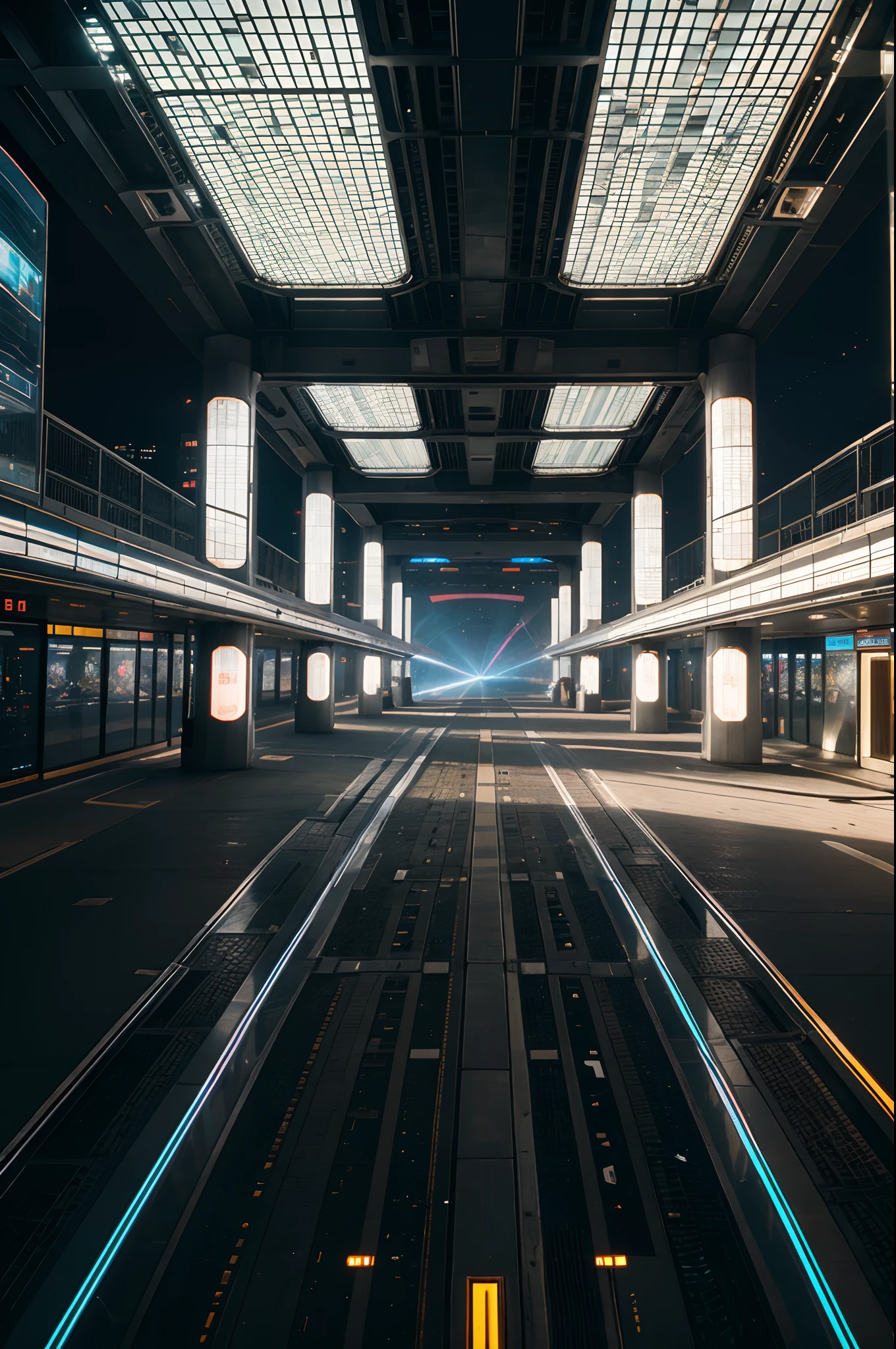 Wide angle shot of an African empire with African designed buildings, fly over glass tunnels in the sky, metallic and chrome flying cars in the sky, futuristic drones flying in the sky, hologram neon billboards on tall african designed sci-fi buildings, night time neon lit buildings shining, with iridescent light, scifi art, cinematic lighting, artgerm style, 32k, ultra HD, unreal engine rendered, hyper-realistic image,