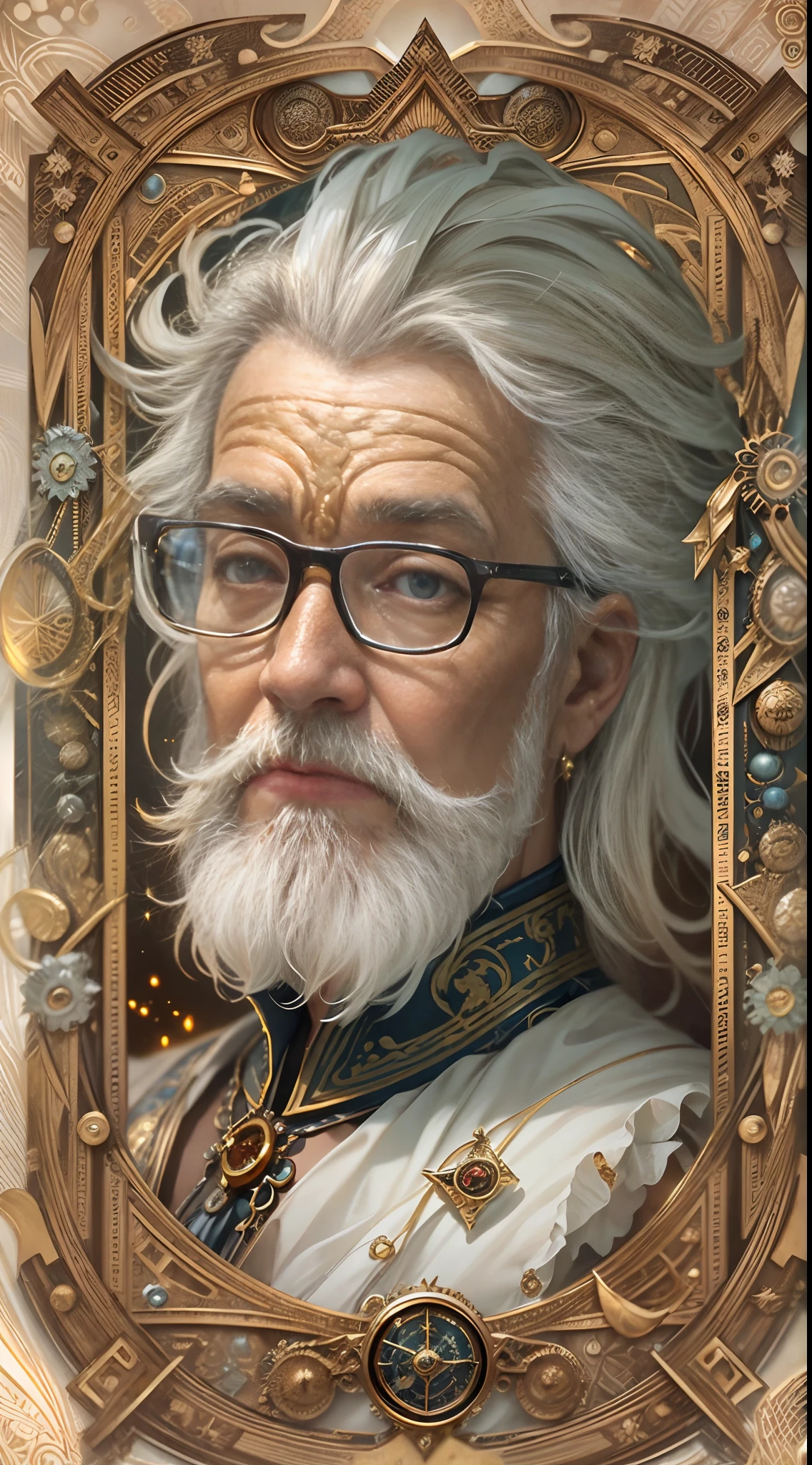 tarot cards，Full tarot border，(The image is surrounded by a tarot card-style border:1.8)，Wise old man，Very old scholar， European elderly，the scientist，The scholar，professor，Vicissitudes，bronze skin，Realiy，Look at the drawings，White hair, wears glasses，Goatee, fantasy, detailed starry background，, 8k wallpaper，finely quality eyes，correct hand， Ultra-detailed, Beautiful and aesthetically pleasing, tmasterpiece, best qualityer, (s fractal art: 1.3), extremely detaile, dynamic angle, The most beautiful forms of chaos, Fauvistdesign, vivd colour, romanticism lain, Steam engine，compasses，ruler，shells, pans，test tubes，Alchemy，holding pen，steampunk wind，（zentangle，datura，Tangles，entangled）， (s fractal art: 1.3)，holy rays，gold foil，Gold leaf art，glitter drawing，Full tarot border，（Full border 1.5），（The border is centered at 1.6），Fang Yi，The right face，Right eyes