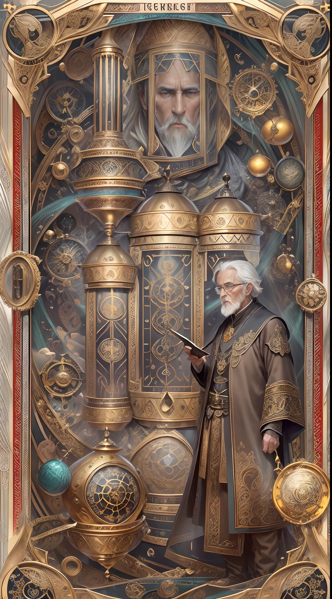 tarot cards,Full tarot border,(The image is surrounded by a tarot card-style border:1.8),Wise old man,Very old scholar, European elderly,the scientist,The scholar,professor,Vicissitudes,bronze skin,Realiy,Look at the drawings,White hair, wears glasses,Goatee, fantasy, detailed starry background,, 8k wallpaper,finely quality eyes,correct hand, Ultra-detailed, Beautiful and aesthetically pleasing, tmasterpiece, best qualityer, (s fractal art: 1.3), extremely detaile, dynamic angle, The most beautiful forms of chaos, Fauvistdesign, vivd colour, romanticism lain, Steam engine,compasses,ruler,shells, pans,test tubes,Alchemy,holding pen,steampunk wind,(zentangle,datura,Tangles,entangled), (s fractal art: 1.3),holy rays,gold foil,Gold leaf art,glitter drawing,Full tarot border,(Full border 1.5),(The border is centered at 1.6),Fang Yi,The right face,Right eyes