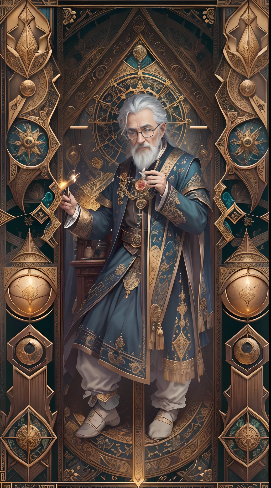 tarot cards，Full tarot border，(The image is surrounded by a tarot card-style border:1.8)，Wise old man，Very old scholar， European elderly，the scientist，The scholar，professor，Vicissitudes，bronze skin，Realiy，Look at the drawings，White hair, wears glasses，Goatee, fantasy, detailed starry background，, 8k wallpaper，finely quality eyes，correct hand， Ultra-detailed, Beautiful and aesthetically pleasing, tmasterpiece, best qualityer, (s fractal art: 1.3), extremely detaile, dynamic angle, The most beautiful forms of chaos, Fauvistdesign, vivd colour, romanticism lain, Steam engine，compasses，ruler，shells, pans，test tubes，Alchemy，holding pen，steampunk wind，（zentangle，datura，Tangles，entangled）， (s fractal art: 1.3)，holy rays，gold foil，Gold leaf art，glitter drawing，Full tarot border，（Full border 1.5），（The border is centered at 1.6），Fang Yi，The right face，Right eyes