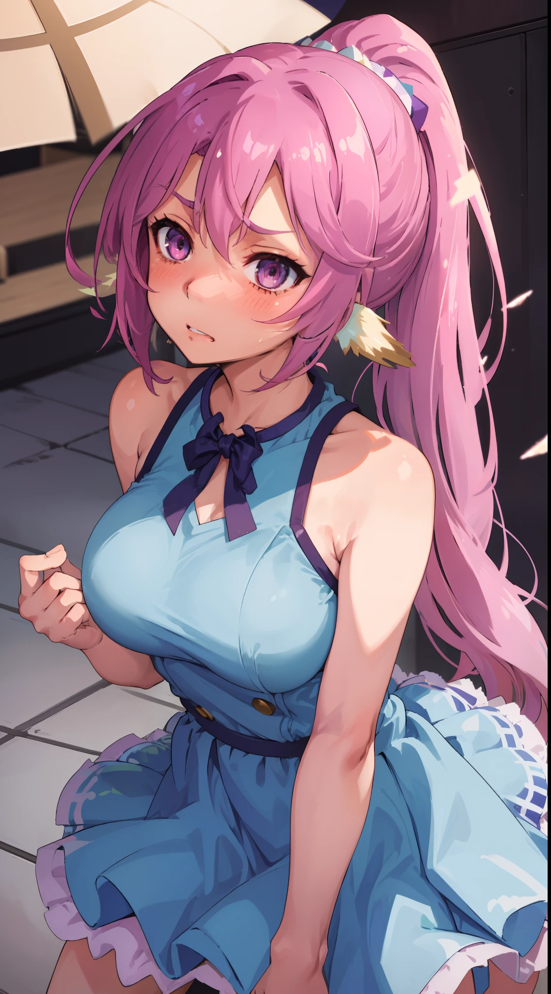 Jibril, ((upper body)), blushed, perfect anatomy, detailed eyes, detailed lips, extremely detailed eyes and face, vivid colors, sharp focus, masterpiece:1.2, ultra-detailed, blushed, ((doggystyle)), (solo), ((blue dress)), sleeveless, (ponytail), (((disdain, disgust))), looking at viewer