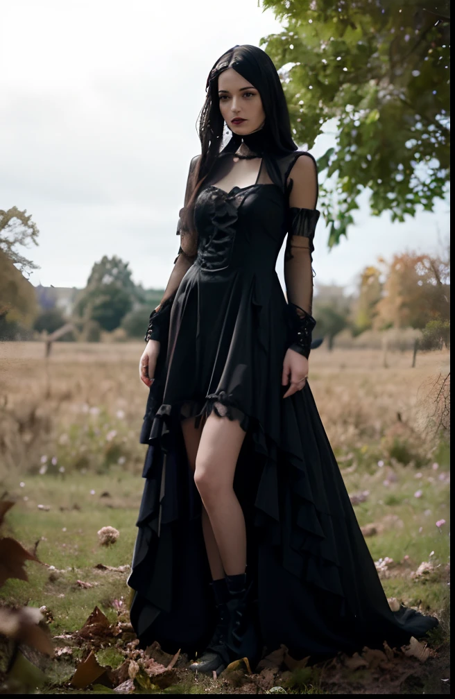arafed woman in a black dress standing in a field, wearing a gothic dress, gothic dress, gothic outfit, dark gothic dress, tattered ragged gothic dress, vintage gothic gown, gothic clothing, wearing modern gothic clothes, black victorian dress, gothic maiden, gothic fashion, an elegant gothic princess, gothic clothes, gothic aesthetic, gothic style, gothic wearing