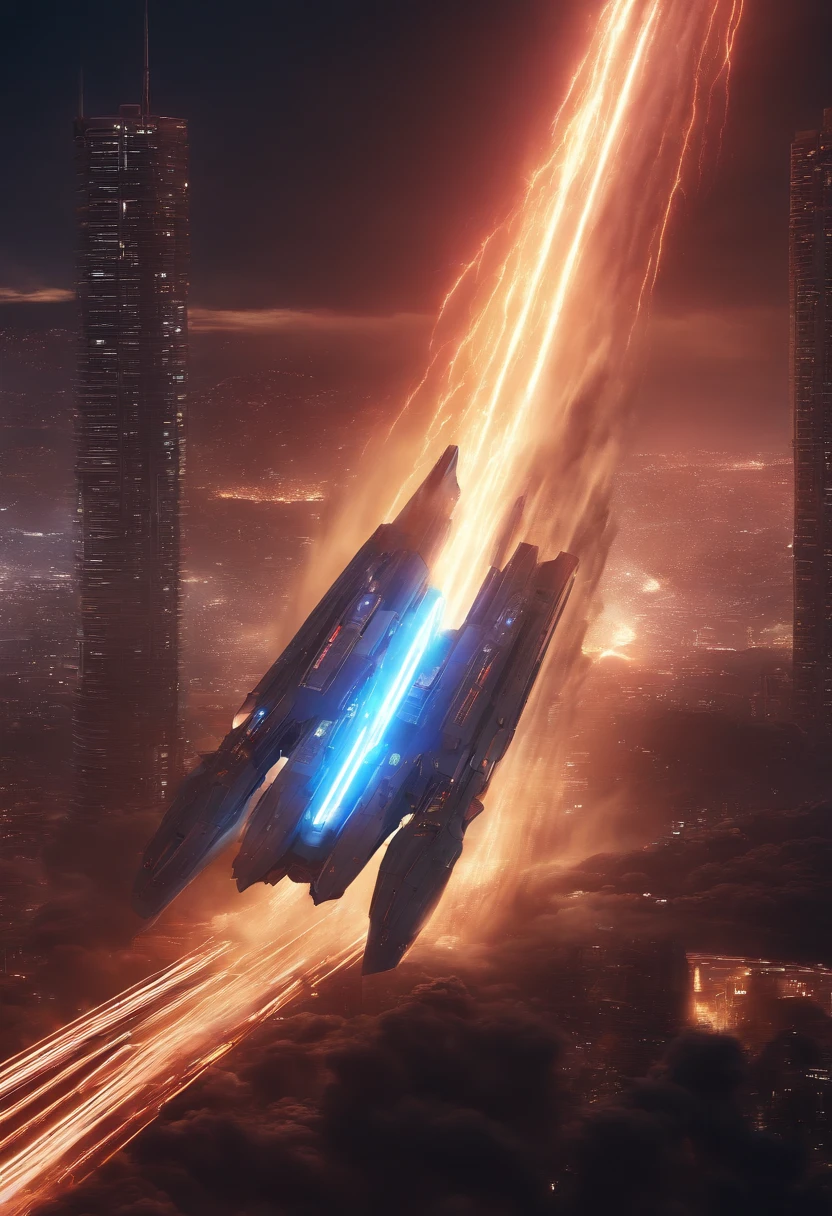 (best quality,4k,highres:1.2),(ultra-detailed),(realistic:1.37),sci-fi,neon colors,Robotech mothership firing cannons with neon glow,spaceship,breathtaking composition,explosive energy,exciting action,hovering above a futuristic city,illuminating the night sky,lighting up the clouds,powerful laser beams,pulsating energy,striking visuals in every detail,flying debris and sparks,high-impact scene,dynamic movement,spectacular special effects,mind-blowing intensity