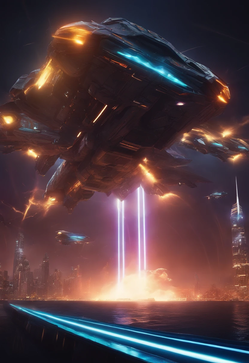 (best quality,4k,highres:1.2),(ultra-detailed),(realistic:1.37),sci-fi,neon colors,Robotech mothership firing cannons with neon glow,spaceship,breathtaking composition,explosive energy,exciting action,hovering above a futuristic city,illuminating the night sky,lighting up the clouds,powerful laser beams,pulsating energy,striking visuals in every detail,flying debris and sparks,high-impact scene,dynamic movement,spectacular special effects,mind-blowing intensity