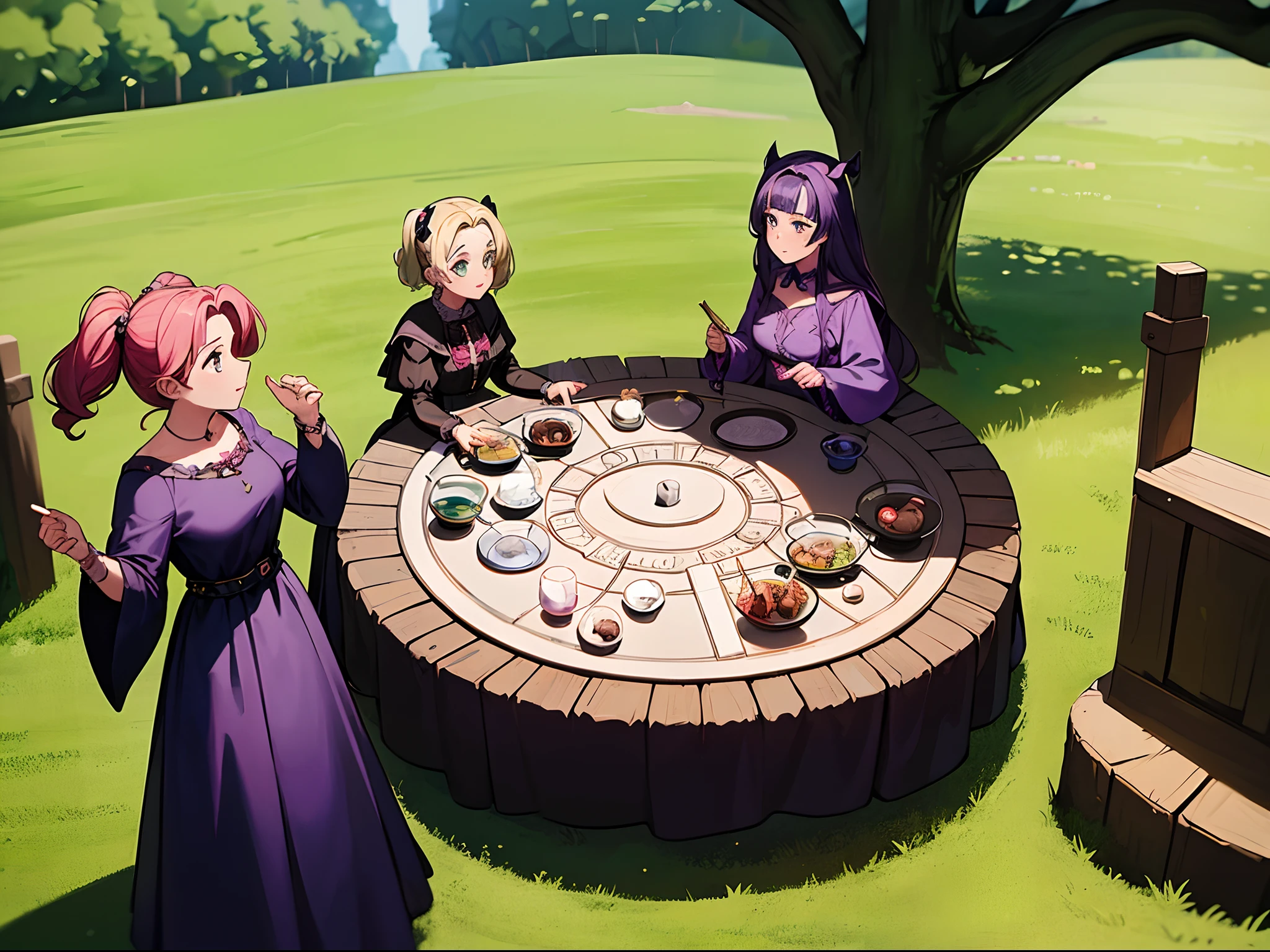 3girls, DRESSED AS WITCHES, Hocus Pocus, Hocus Pocus movie,1993 film, sanderson sisters, Bettie Midler as Winifred "Winnie" Sanderson, Sarah Jessica Parker as Sarah Sanderson, Kathy Najimy as Mary Sanderson, background Around a smoky green cauldron, Inside a witches house, masterpiece, best quality,