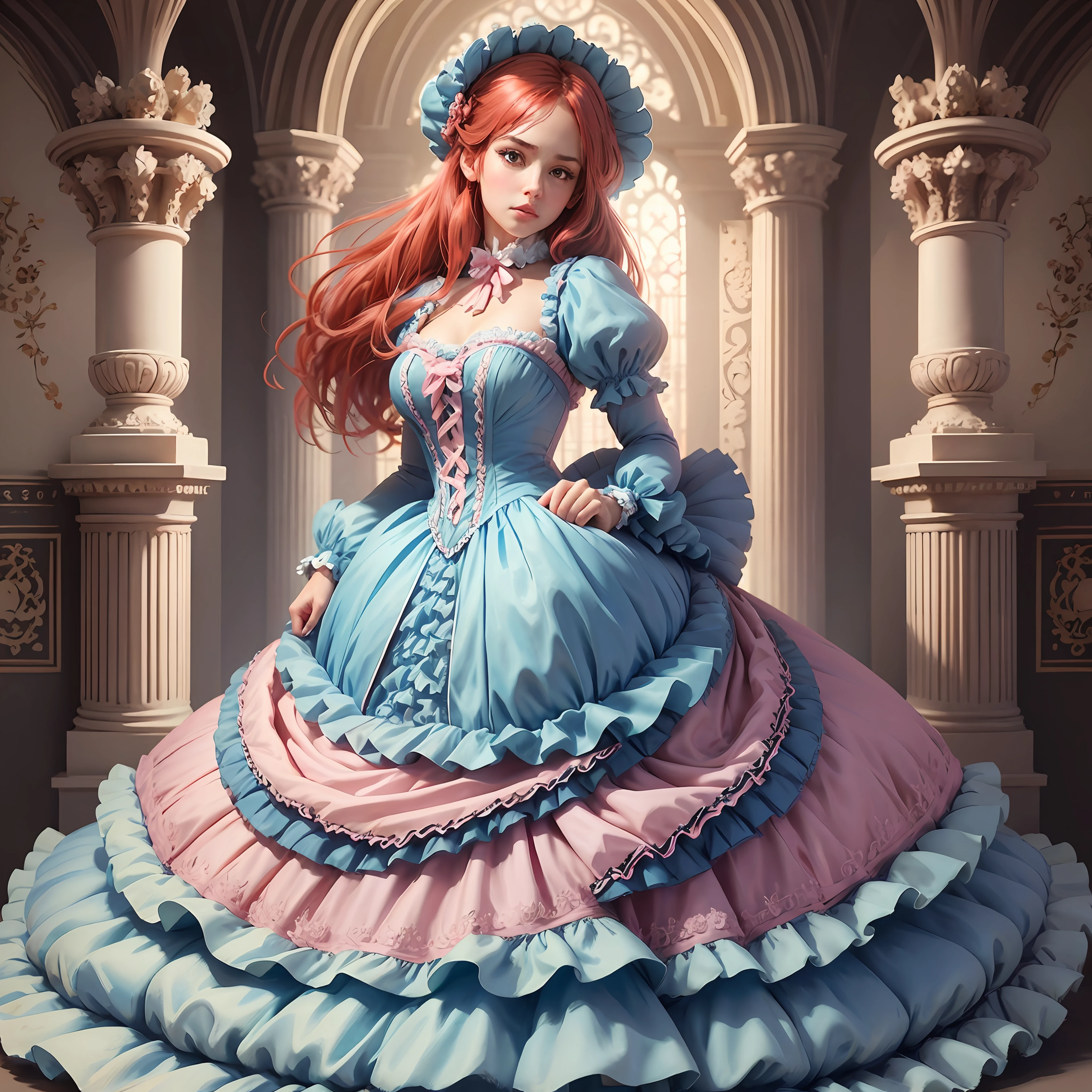 best quality, masterpiece, best definition, artwork, super detailed, many details, details, detailed, woman, 20 years, full body, full body, ball gown, super detailed dress, long dress, dress with many ruffles, dress with many bows, pink bows, victorian dress, detailed victorian dress, victorian dress with bows, pink, ruffles, many ruffles, very bulky dress,  light blue dress, dress with ruffles, bows, many bows, woman, full body, red hair.