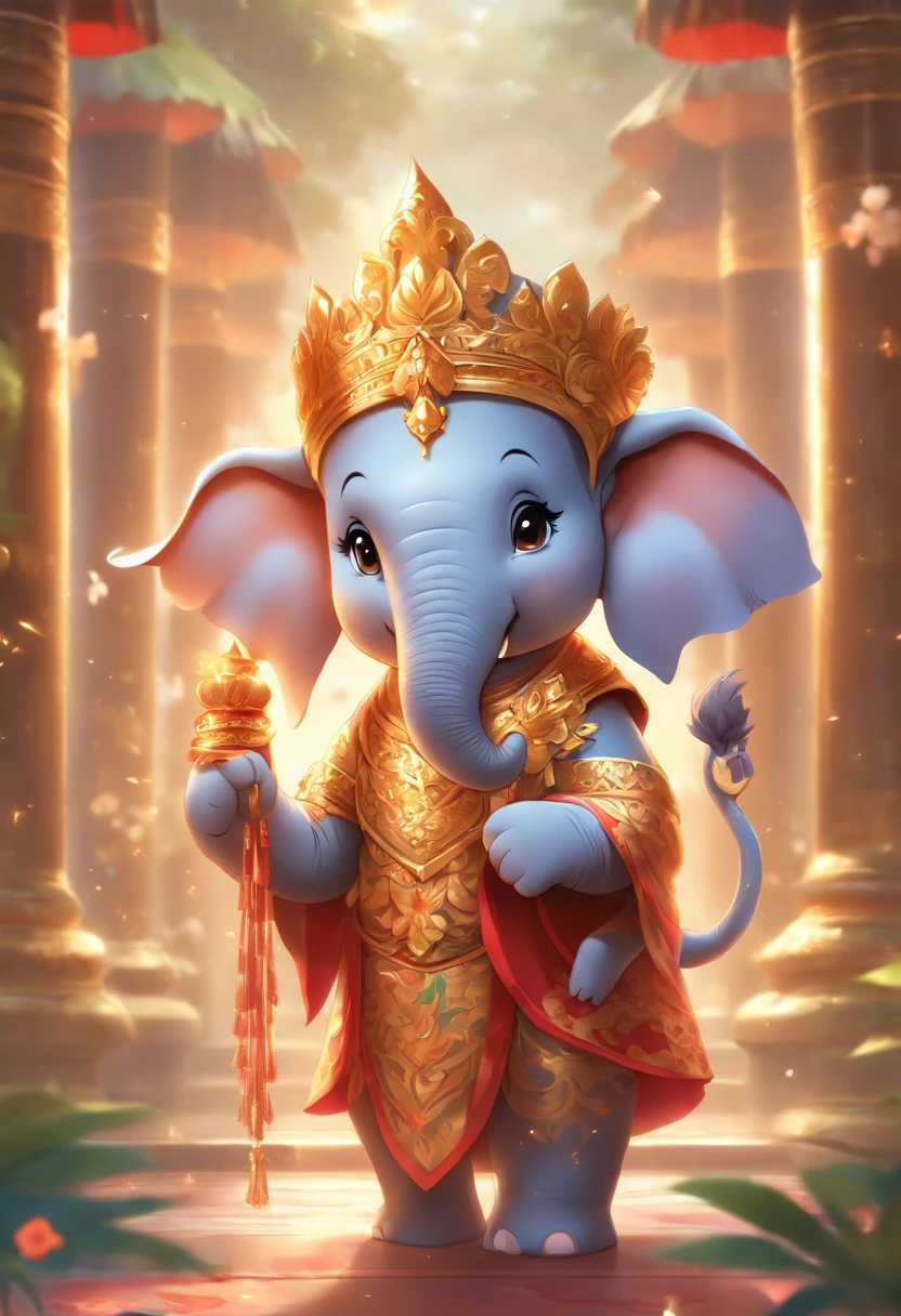 A cute young elephant Wear the royal Thai costume. Thai atmosphere