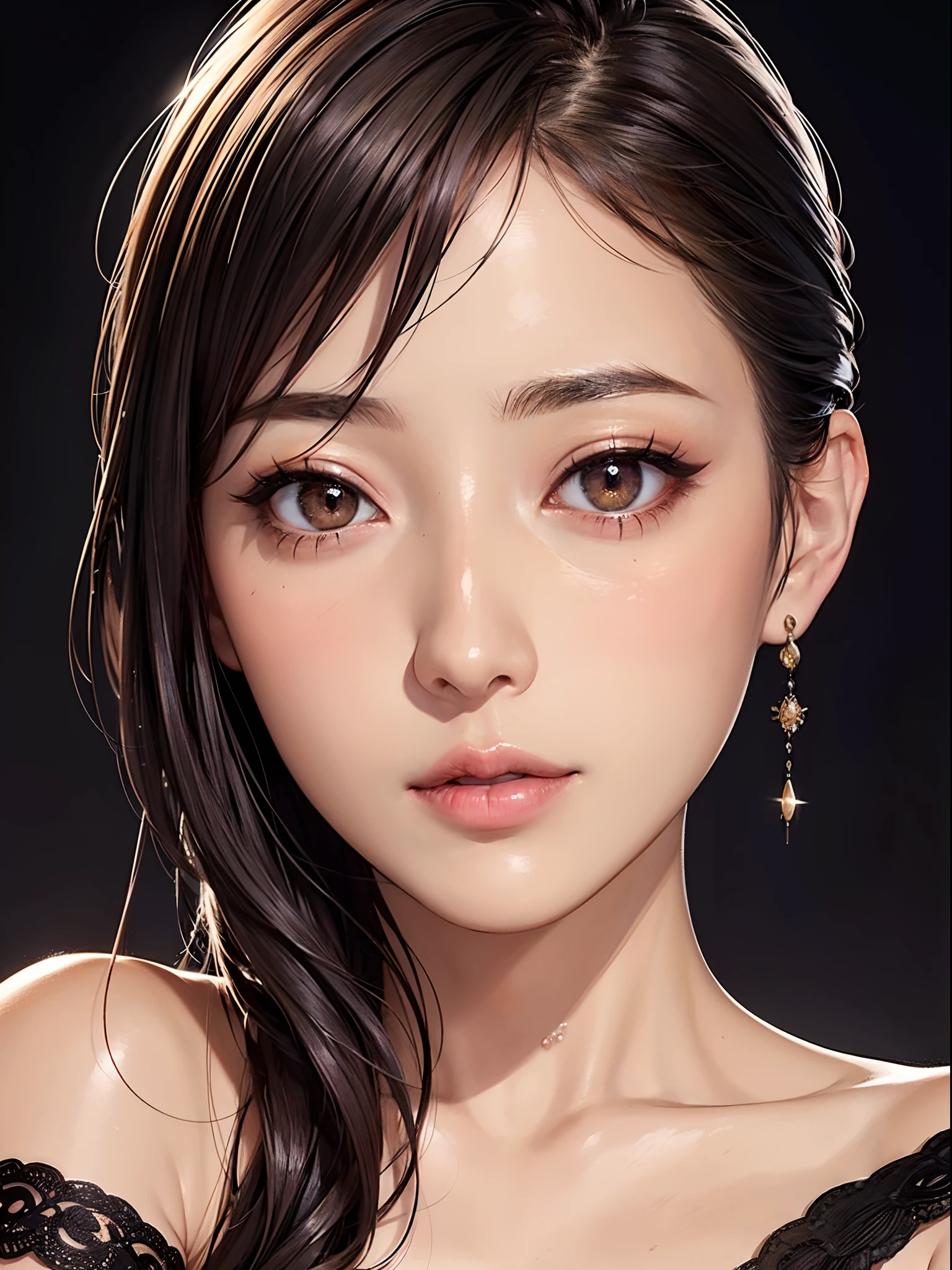 1girl, face portrait, close up, neck and shoulder clearly visible, no jewelry, no accessory, in the night, (extremely dark:1.2), super crisp eyelash details, ultra eye detail, (blushed face:1.2), (shiny skin:1.2), bumpy and buffed body,     (Masterpiece:1.2), (best quality), (illustration:1.2), (ultra-detailed), hyper details, (delicate detailed), (intricate details), (photo realistic), (Ridiculous resolution),