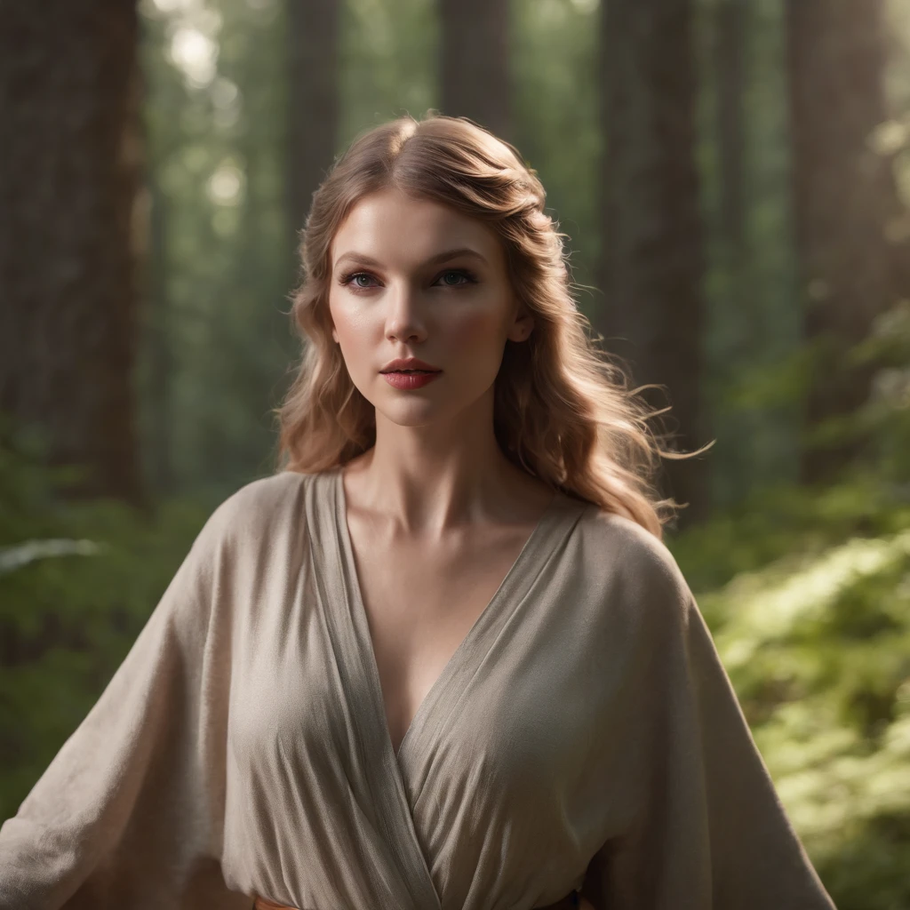 Taylor Swift the American pop singer as a Jedi warrior wearing jedi robe like Rey skywalker from star wars. medium full shot, model photography in a dynamic pose. wears a utility jedi belt. backdrop is a mystical forest. Dramatic cinematography, star wars style poster. 8K, looking at camera, sc-fi photography, high definition, eye-catching detail. 8k, HD, cinematography, photorealistic, epic composition, Unreal Engine, Cinematic, Color Grading, Ultra-Wide Angle, Depth of Field, hyper-detailed, beautifully color-coded, insane details, intricate details, beautifully color graded, Unreal Engine, Cinematic, Color Grading, Editorial Photography, Photography, Photoshoot, Depth of Field, DOF, White Balance, 32k, Super-Resolution, Megapixel, ProPhoto RGB, VR, Halfrear Lighting, Backlight, Natural Lighting, Incandescent, Optical Fiber, Moody Lighting, Cinematic Lighting, Studio Lighting, Soft Lighting, Volumetric, Contre-Jour, Beautiful Lighting, Accent Lighting, Global Illumination, Screen Space Global Illumination, Ray Tracing Global Illumination, Optics, Scattering, Glowing, Shadows, Rough, Shimmering, Ray Tracing Reflections, Lumen Reflections, Screen Space Reflections, Diffraction Grading, Chromatic Aberration, GB Displacement, Scan Lines, Ray Traced, Ray Tracing Ambient Occlusion, Anti-Aliasing, FKAA, TXAA, RTX, SSAO, Shaders, OpenGL-Shaders, GLSL-Shaders, Post Processing, Post-Production, Cel Shading, Tone Mapping, CGI, VFX, SFX, insanely detailed and intricate, hypermaximalist, elegant, hyper-realistic, super detailed, dynamic pose, photography --v 5.2 --ar 3:4