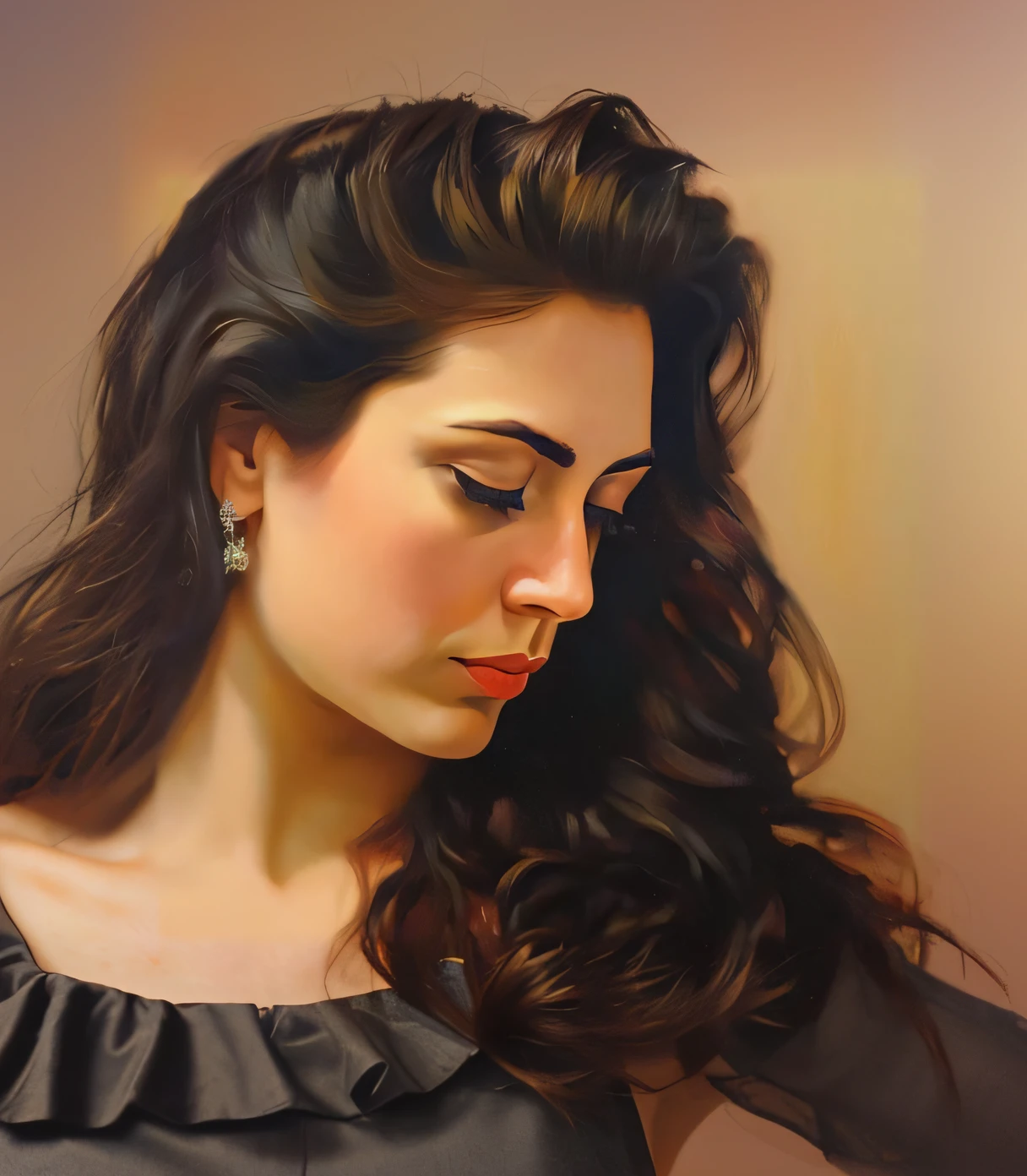 Complete o cabelo da mulher na imagem, with ULTRAREALISM and put on a dress that shows off the shoulders, um vestido de cor preta, ultrarealista