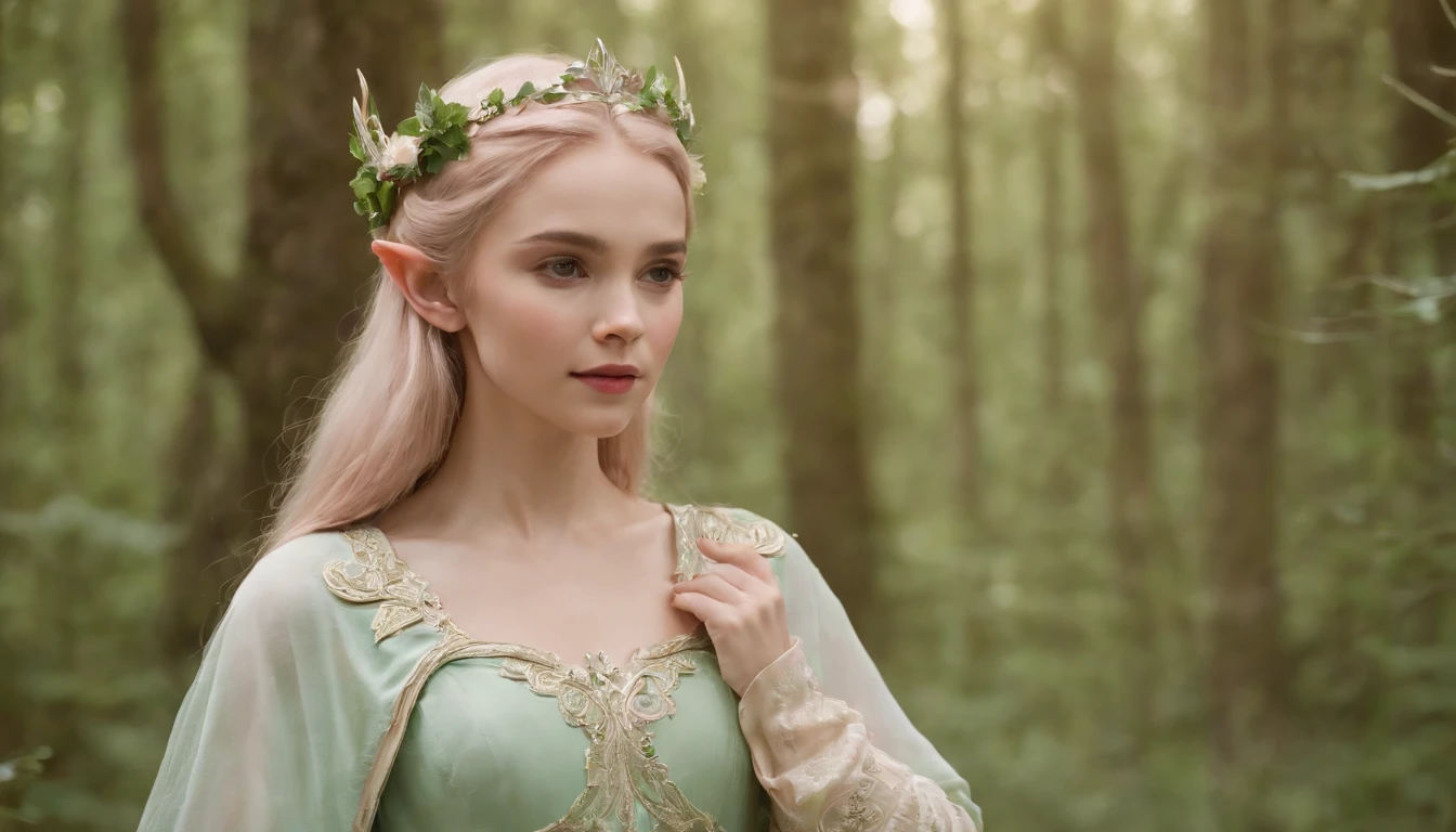 (A lovely ), Elven princess in the forest, Pointed ears, Light pink and light green style, anime aesthetic, Detailed clothing, I can't believe how beautiful this is, Realistic Techniques, Flowers and Birds, Light gold and green, Upper body