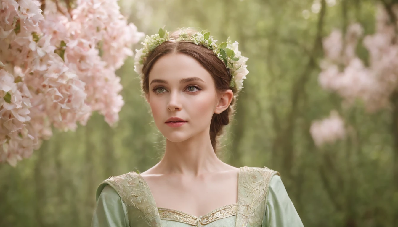 (A lovely child), Elven princess in the forest, Pointed ears, Light pink and light green style, anime aesthetic, Detailed clothing, I can't believe how beautiful this is, Realistic Techniques, Flowers and Birds, Light gold and green, Upper body