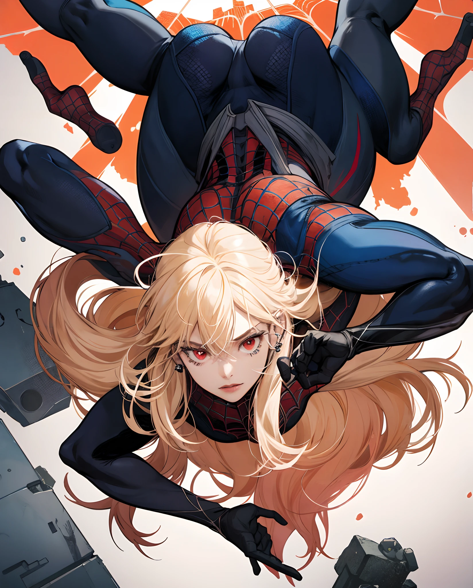 Spider-Man comic book art style that has a girl Spider-Man with bleached hair with a peach color for her bangs while the rest of her hair is black wearing a Spider-Man suit with red eyes and piercings