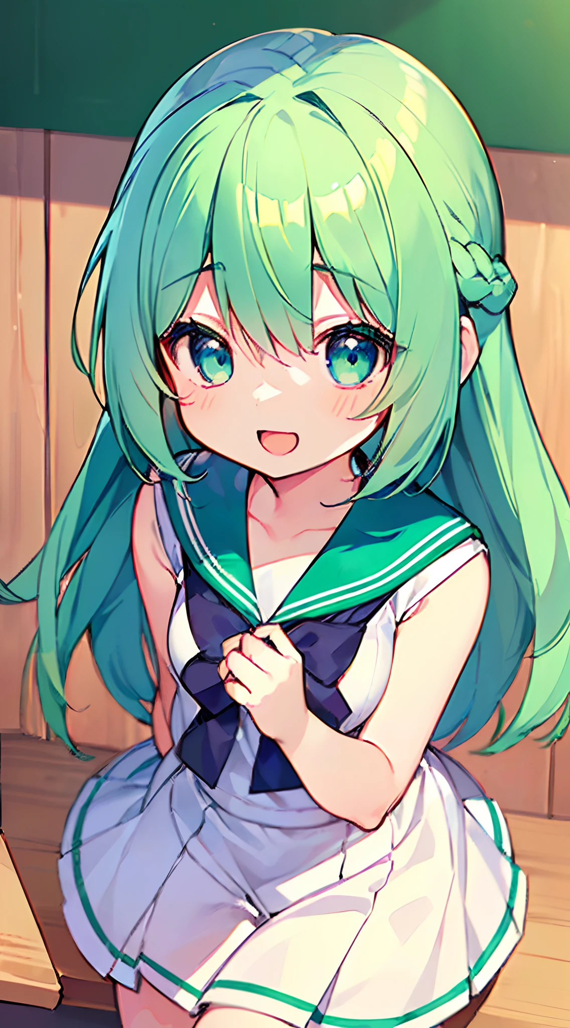 ((Pretty High School girl with green hair and blue eyes:1.2))、((wearing Sailor suit))、Loli face、((master piece、top-quality、ultra-definition、high resolution))、anime girl、((ultra-detailed illust:1.2))、1girl、bangs、hair between eye、beautiful hair、Beautiful eyes、Medium breasts、Big smile、opened mouth、in the classroom
