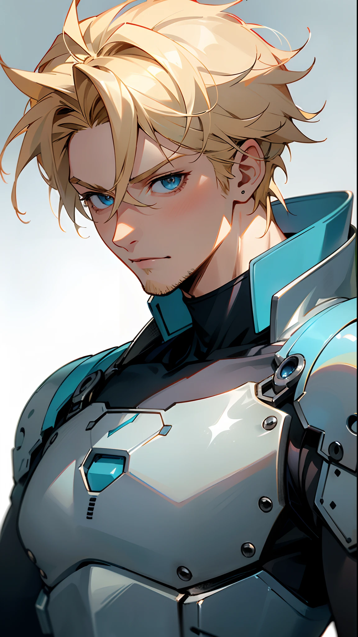 Handsome man , bright blue eyes , blond hair , spiky hair , ((muscular:1)), ((has Stubble)) , age 41                                                                                ,(masterpiece, best quality )detailed, 1Character ,  pastel washed out colors , cell shade , soft, muted shades ,gentle colors , blue archive art style


Wearing a mix of sword art online and futuristic style clothes ,