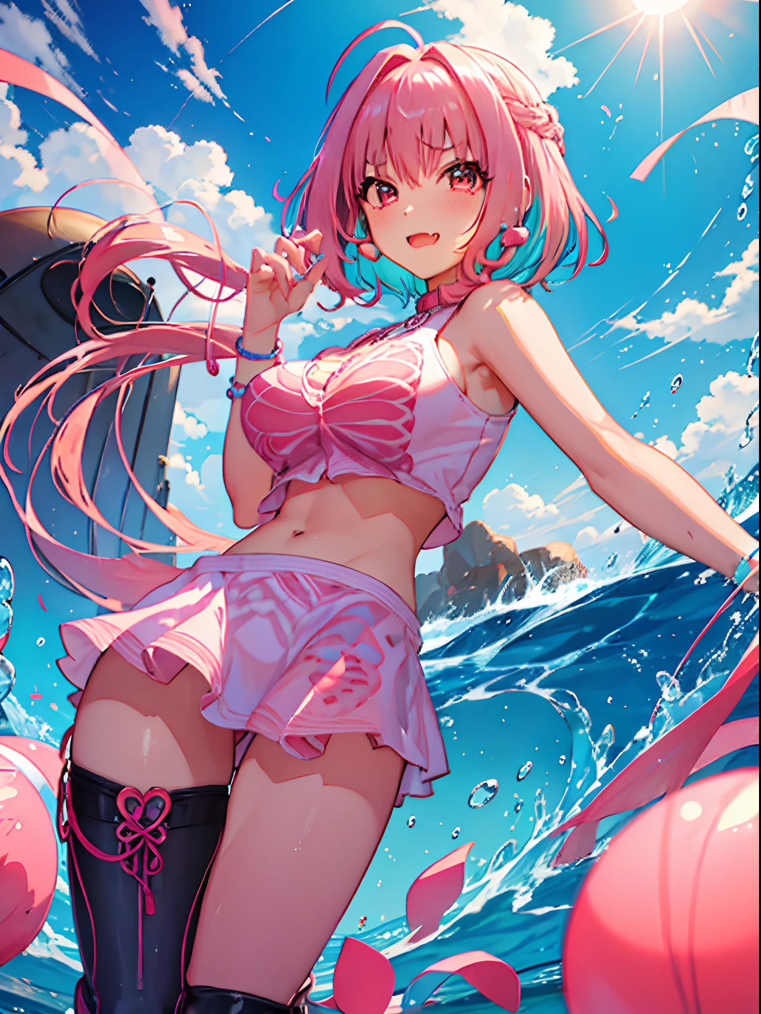 Yumemi_Riamou_IdolmasterCinderellaGirls
pink_Hair, Multicolored_Hair, two-tone_Hair, Bangs, Blue_Hair, Pink_eyes, short_Hair, ahoge, Hair_consumption, blusher, pectorals, Open_mouth, Large_pectorals, fang, Heart, 鎖骨, Jewelry, beste-Qualit