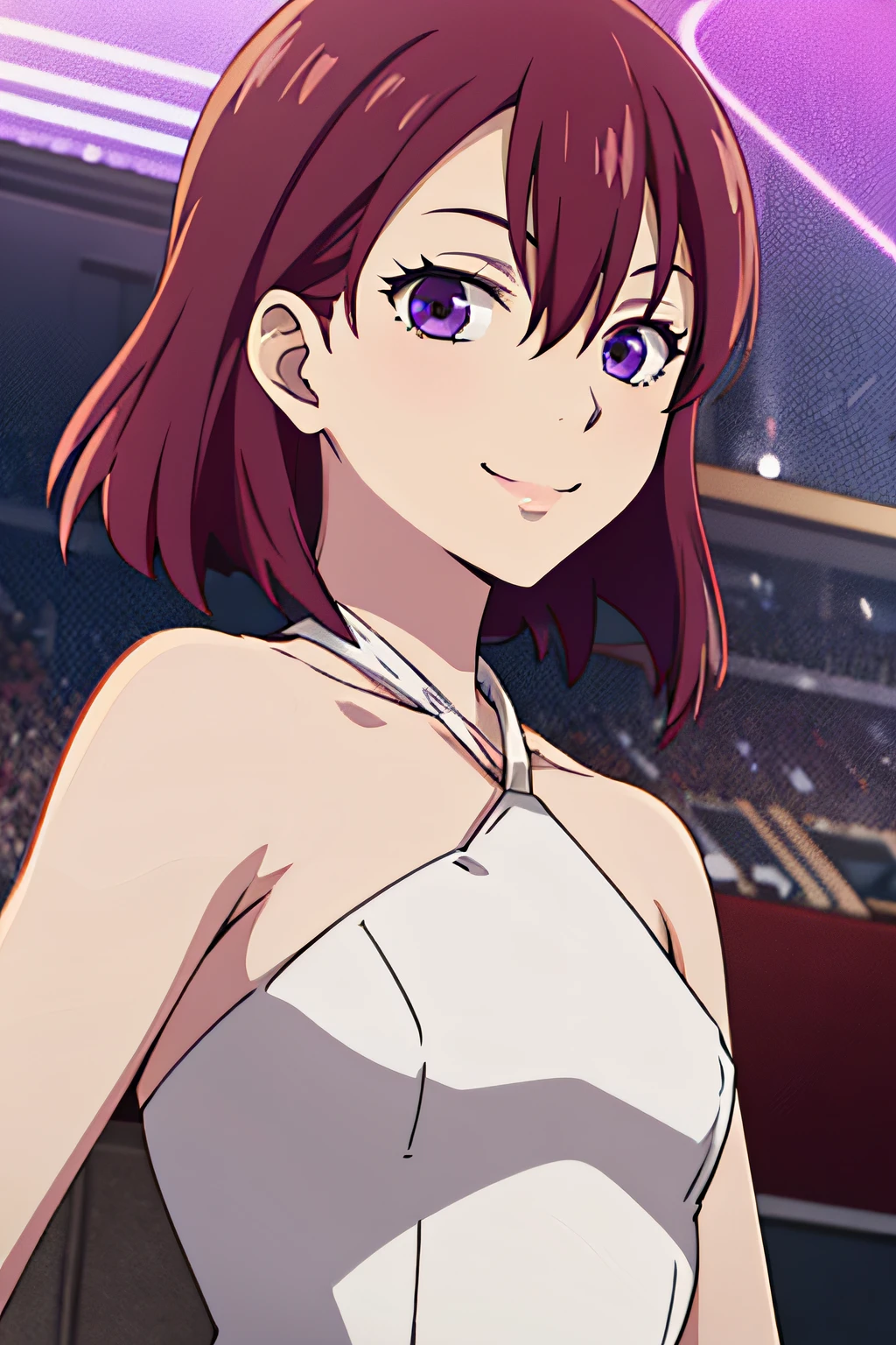 MIHOP2, RED HAIR, SHORT HAIR, WHITE DRESS, HALTERNECK, SKIRT, PURPLE EYES, 1girl, solo, upper body, facing viewer, looking at viewer, smile.