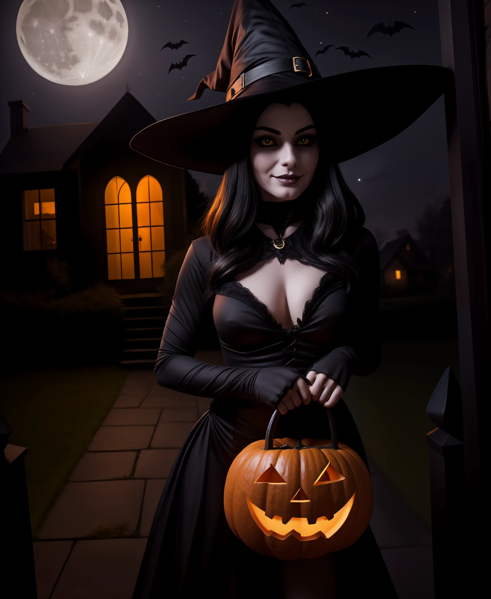 detailed background, a moonlit Halloween night with an enchanting atmosphere, a black cat dressed as a witch, (her sleek fur blending perfectly with the darkness), playfully teasing with every twist and turn, as she ventures from house to house, she embraces the spirit of "trick or treat" with a mischievous gleam in her eyes,