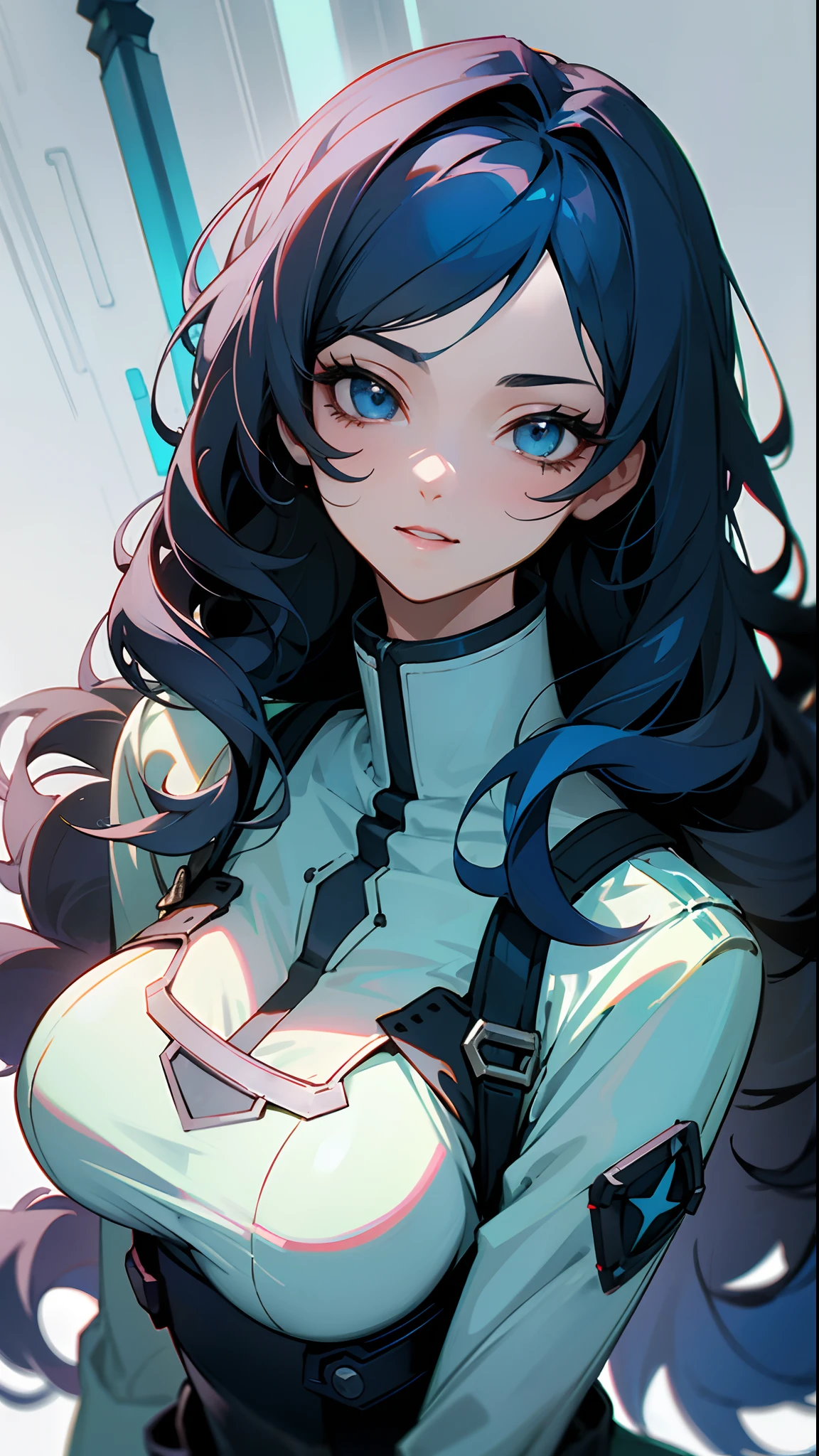 Stunning woman , large chest , black hair , ((blue hair highlights:1)), blue eyes , cat eye eyeliner , full eyelashes , sexy, wavy hair , long hair , happy , cheerful personality, age 33 , ,(masterpiece, best quality )detailed, 1Character , pastel washed out colors , cell shade , soft, muted shades ,gentle colors , blue archive art style
Wearing a mix of sword art online and futuristic style clothes ,
