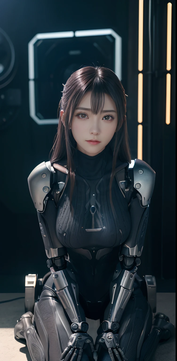 (Fight against mechanical robot soldiers)、top-quality、masterpiece、超A high resolution、(Futuristic machine gun、holding knive),(Wearing a futuristic sun visor)、(Photorealsitic:1.4)、Raw photo、1 girl、Black hair、glowy skin、((1 Mechanical Girl))、((super realistic details))、portlate、(Small LED lamp)、Wire tubes that glow all over the body、(With state-of-the-art weapons),globalillumination、Shadow、octan render、8K、Armpit、ultrasharp、Colossal 、Small LED lamp、Raw skin is exposed in cleavage、metals、blood vessels connected to tubes、With weapons、Red bodysuit、Armpit、Cyberpunk city background、Details of complex ornaments、Japan details、highly intricate detail、Realistic light、CGSoation Trends、Blue eyes、radiant eyes、Facing the camera、neon details、(Helmet of the Brave)、Mechanical limbs、blood vessels connected to tubeechanical vertebrae attached to the back、mechanical cervical attaching to neck、Wires and cables connecting to the head、Gundam、Small LED lamp、Toostock、Toostock、Futuristic machine gun、Knives、
