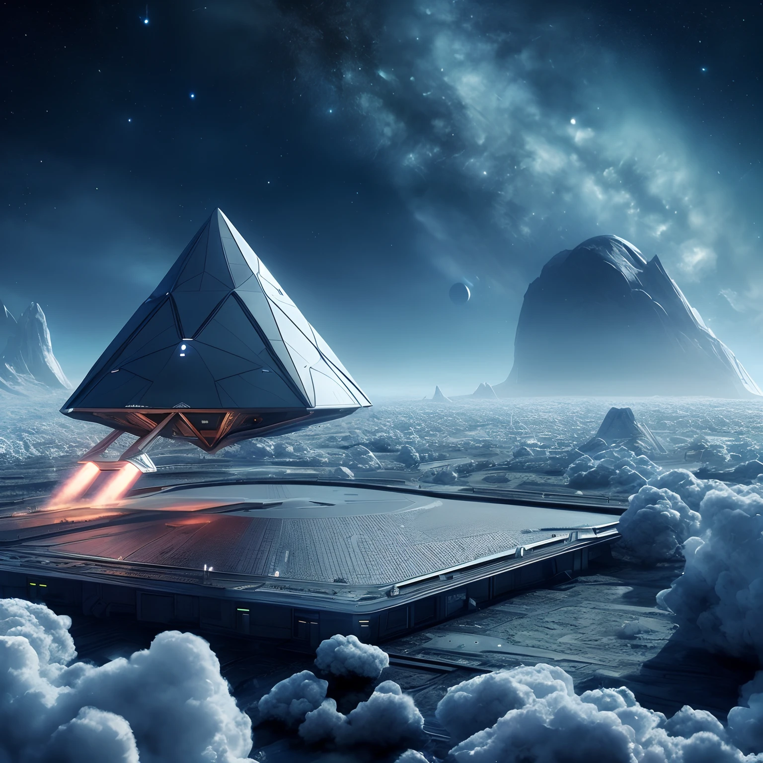 spaceship launch in the sky with a triangular shaped spaceship landing, alien starship, sci-fi digital art, concept art 8 k, 4k highly detailed digital art, amazing space creature 4 k, an intact ancient alien ship, alien spaceship, 8 k high detail concept art, ancient futuristic, ancient space ship, utopian space ship, 8k hd concept art
