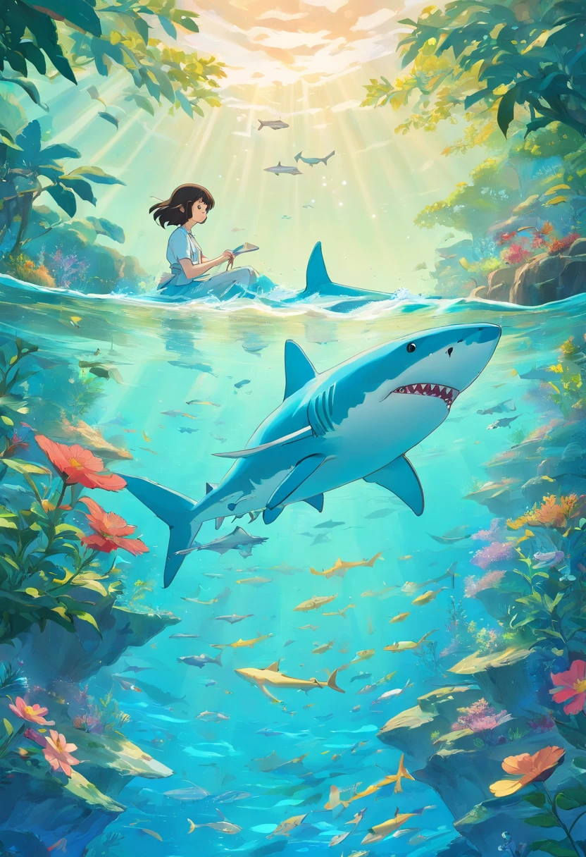 a shark in the style of tranquil gardenscapes, colorful animation stills, masami teraoka, aquamarine, paul gauguin, Embry style, honest portrayal