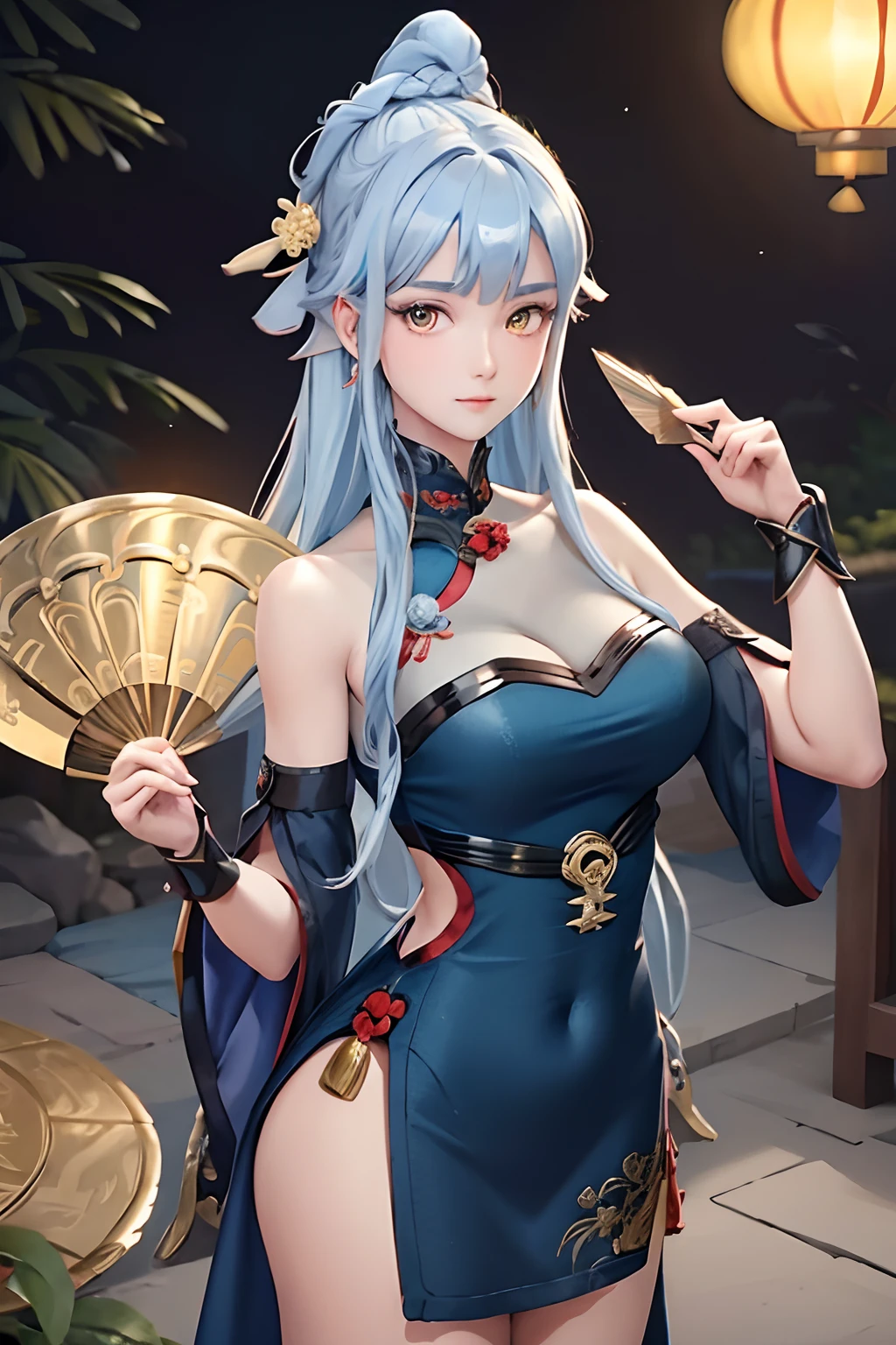 ((big breasts)), 1girl, solo, long hair, looking at viewer, hair ornament, dress, holding, bare shoulders, closed mouth, blue hair, yellow eyes, braid, artist name, covered navel, blue dress, chinese clothes, china dress, hand fan, folding fan, light blue hair, holding fan, Jordyn Huitema, (masterpiece,best quality:1.5), (masterpiece,best quality:1.5), Hold the fan with the right hand, the left hand does not hold the fan, Chinese imperial palace, feudal China, wooden castle, lake, (lantern), sparkling, (masterpiece,best quality:1.5), (masterpiece,best quality:1.5),garden flower