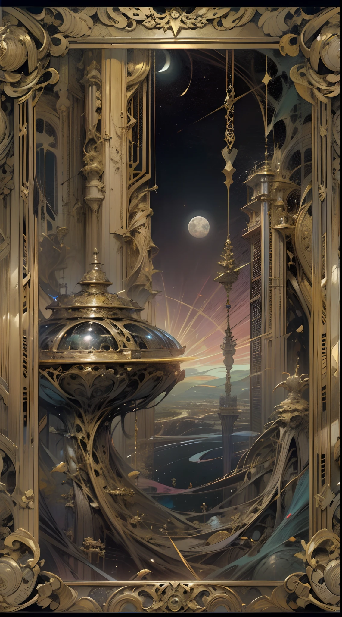 tarot cards,Full tarot border,(The image is surrounded by a tarot card-style border:1.8), ,Up,droid,cruel,Stands,Landing gear in the ruins,scientific fiction,Trisomy,Battlestar Galactica,8k wallpaper,finely quality eyes,Right eyes,correct hand, Ultra-detailed, Beautiful and aesthetically pleasing, tmasterpiece, best qualityer, (s fractal art: 1.3), dynamic angle, cowboy lens, The most beautiful forms of chaos, Fauvistdesign, vivd colour, romanticism lain, Cyberpunk style,Large expanses of nebulae, Gaseous planet,event horizon,Infrared,Telescope,moons,Vintage style,Look down from above,Pillar Nebula,(zentangle,datura,Tangles,entangled), (s fractal art: 1.3),holy rays,gold foil,Gold leaf art,glitter drawing,Full tarot border,(Full border 1.5)