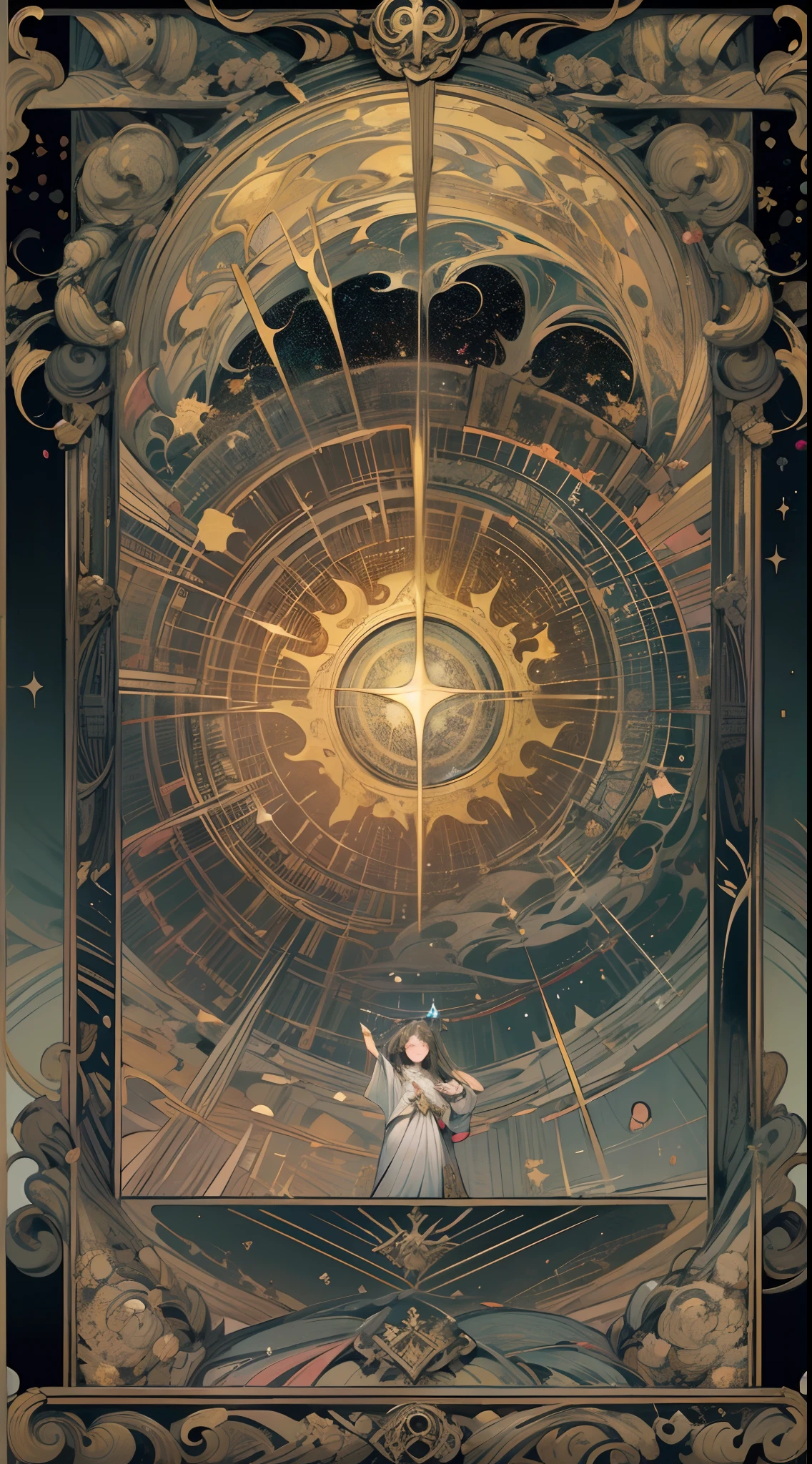 tarot cards，Full tarot border，(The image is surrounded by a tarot card-style border:1.8), ，droid，cruel，Shin Evangelion，EVA，Landing gear in the ruins，scientific fiction，Trisomy，Battlestar Galactica，8k wallpaper,finely quality eyes，Right eyes，correct hand， Ultra-detailed, Beautiful and aesthetically pleasing, tmasterpiece, best qualityer, (s fractal art: 1.3), dynamic angle, cowboy lens, The most beautiful forms of chaos, Fauvistdesign, vivd colour, romanticism lain, Cyberpunk style，Large expanses of nebulae, Gaseous planet，event horizon，Infrared，Telescope，moons，Vintage style，Look down from above，Pillar Nebula，（zentangle，datura，Tangles，entangled）， (s fractal art: 1.3)，holy rays，gold foil，Gold leaf art，glitter drawing，Full tarot border，（Full border 1.5）