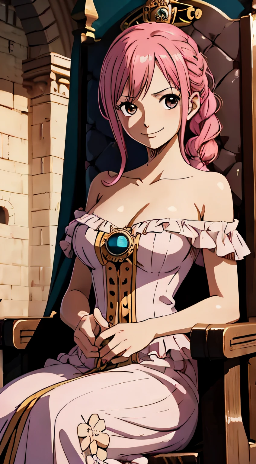 (masterpiece), Rebecca_onepiece, one-girl, little breast, noble clothes, (off shoulder: 1.2), beautiful face, looking at viewer, (smile:1.2), blush, cute pose, indoor, castle, throne, sitting, upper body
