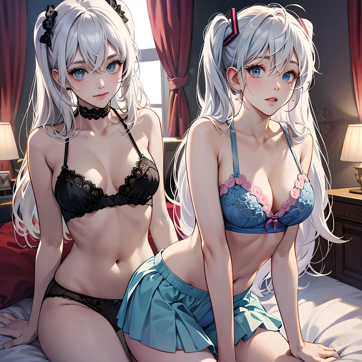 White hair, Lori, Fleshy ,miku hatsune,Blue lace underwear,((Pee))realisitic,Bedrooms,Pink camisole,