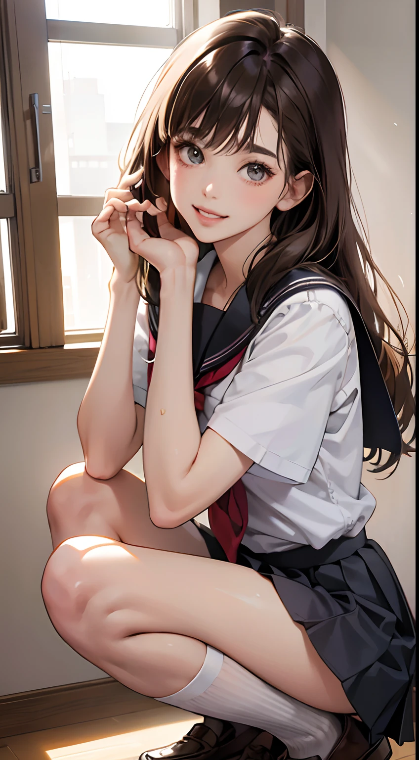 realistic, lip gloss, realistic, best quality, super high resolution, depth, pastel colors, natural shadows, focus on face, just face, looking at the viewer, long hair, brunette hair, brown and detailed eyes, (masterpiece, best quality), 1 girl, solo, from front,
(shut up), smile, parted lips,
Shiny skin, thick thighs, white panties,
School uniform, serrap, pleated skirt, loafers, black socks, crouching, indoors, looking at the audience, anatomically correct