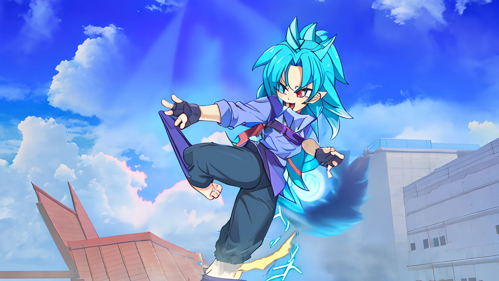 Anime character kicking, barefoot, super saiyan blue, saiyan female, black pants, purple gi shirt, brown saiyan tail, black fingerless gloves, bright blue glowing eyes, bright blue spikey hair, opened mouth, slightly cloudy sky, drops of spit, tiled platform